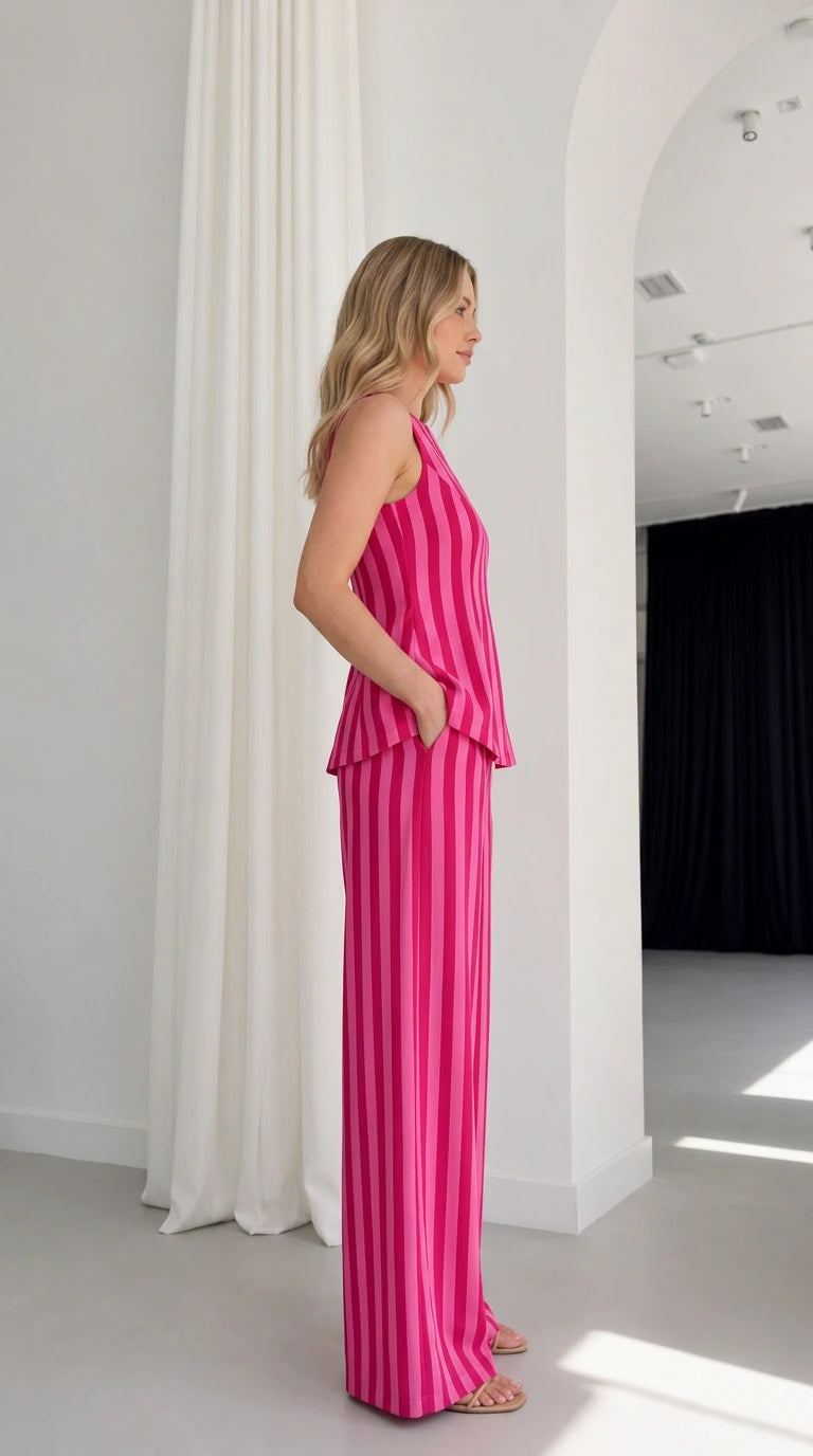 Model wearing hot pink striped set side view