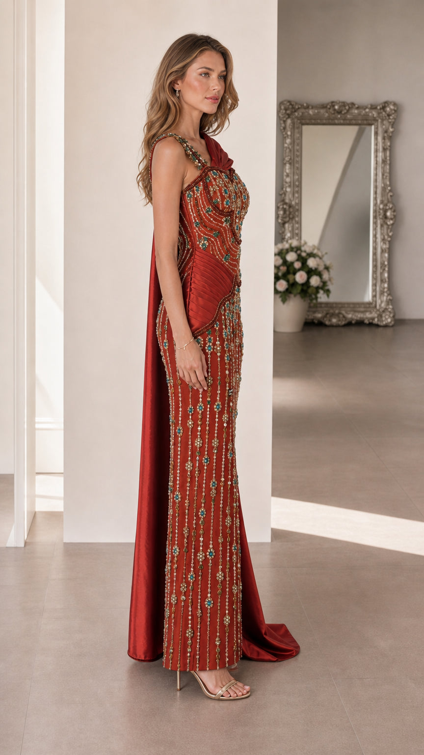 Side profile view of red formal dress
