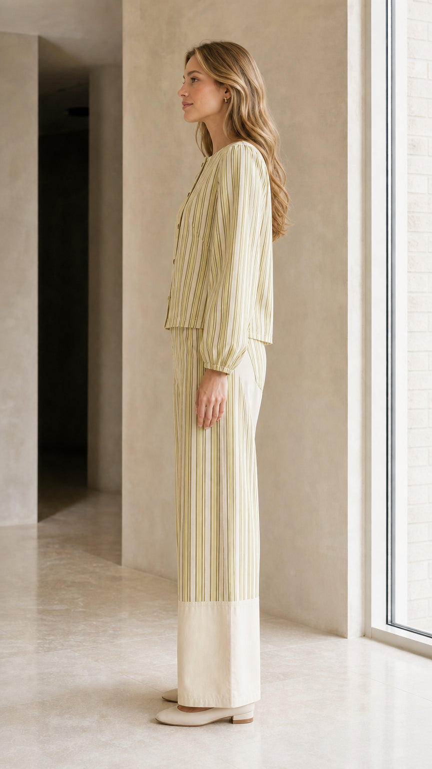 Side view of woman wearing sage striped matching set