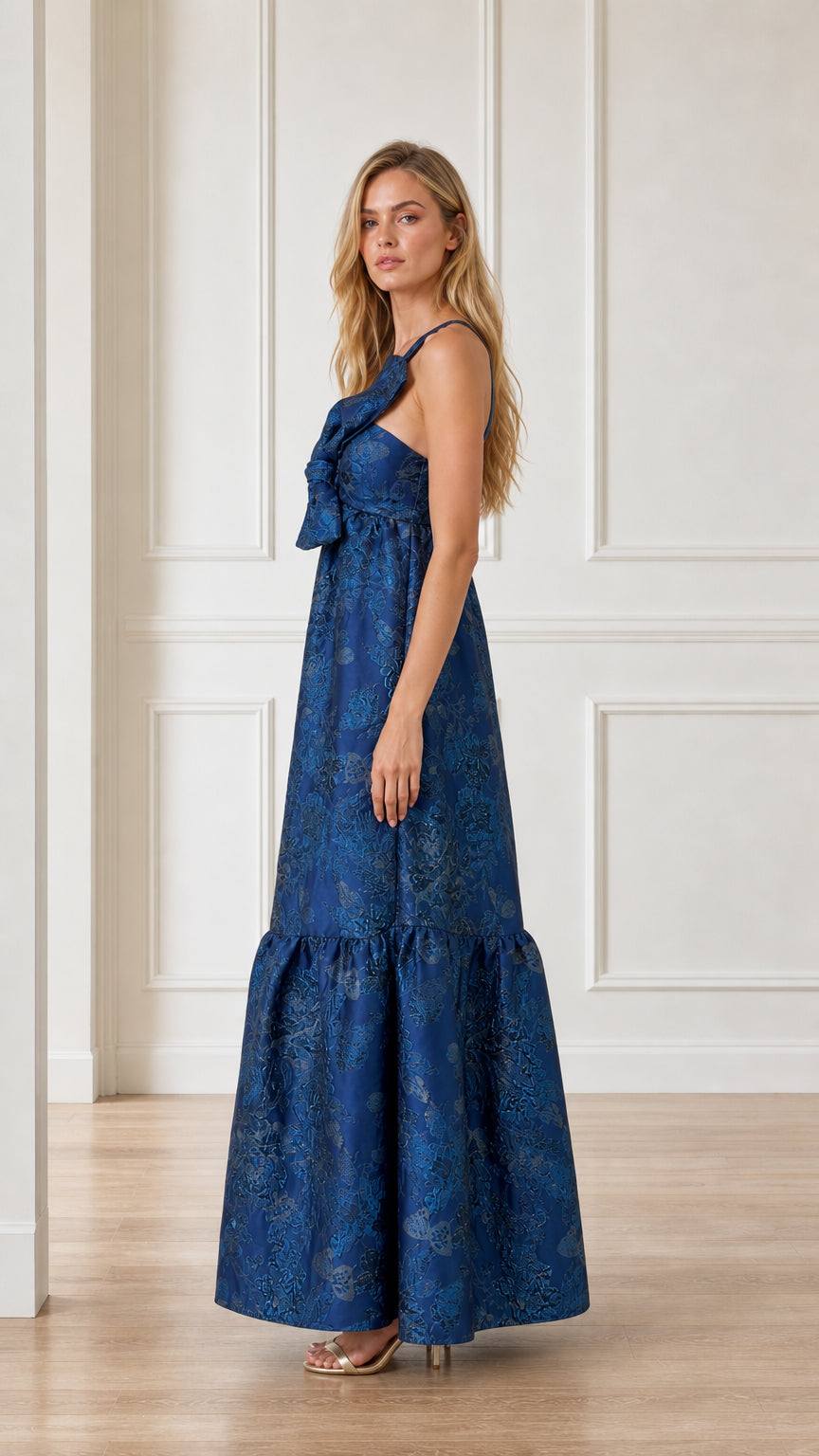 Side profile of blue brocade maxi dress