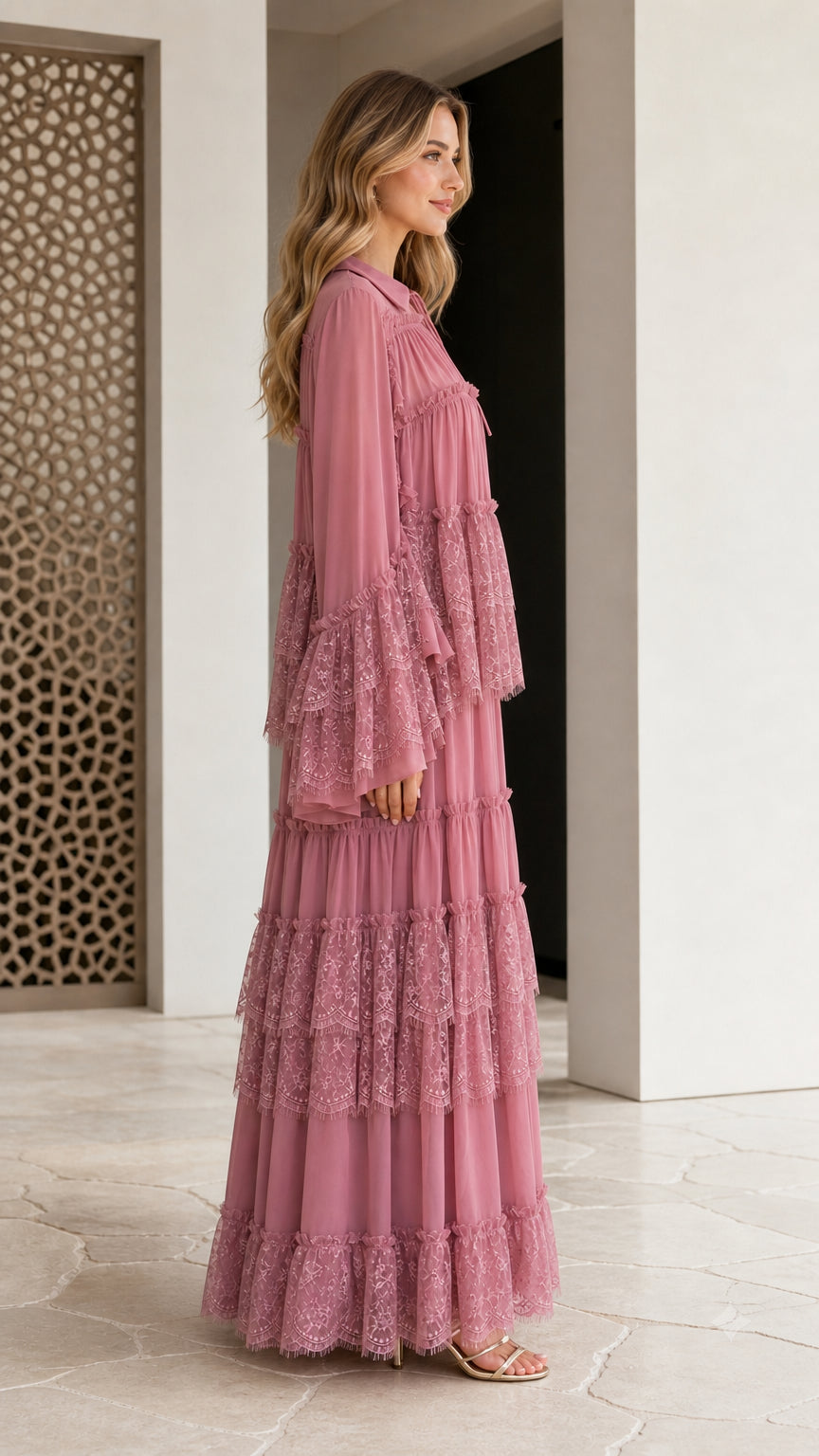 Dusty Rose tiered lace maxi dress side profile view