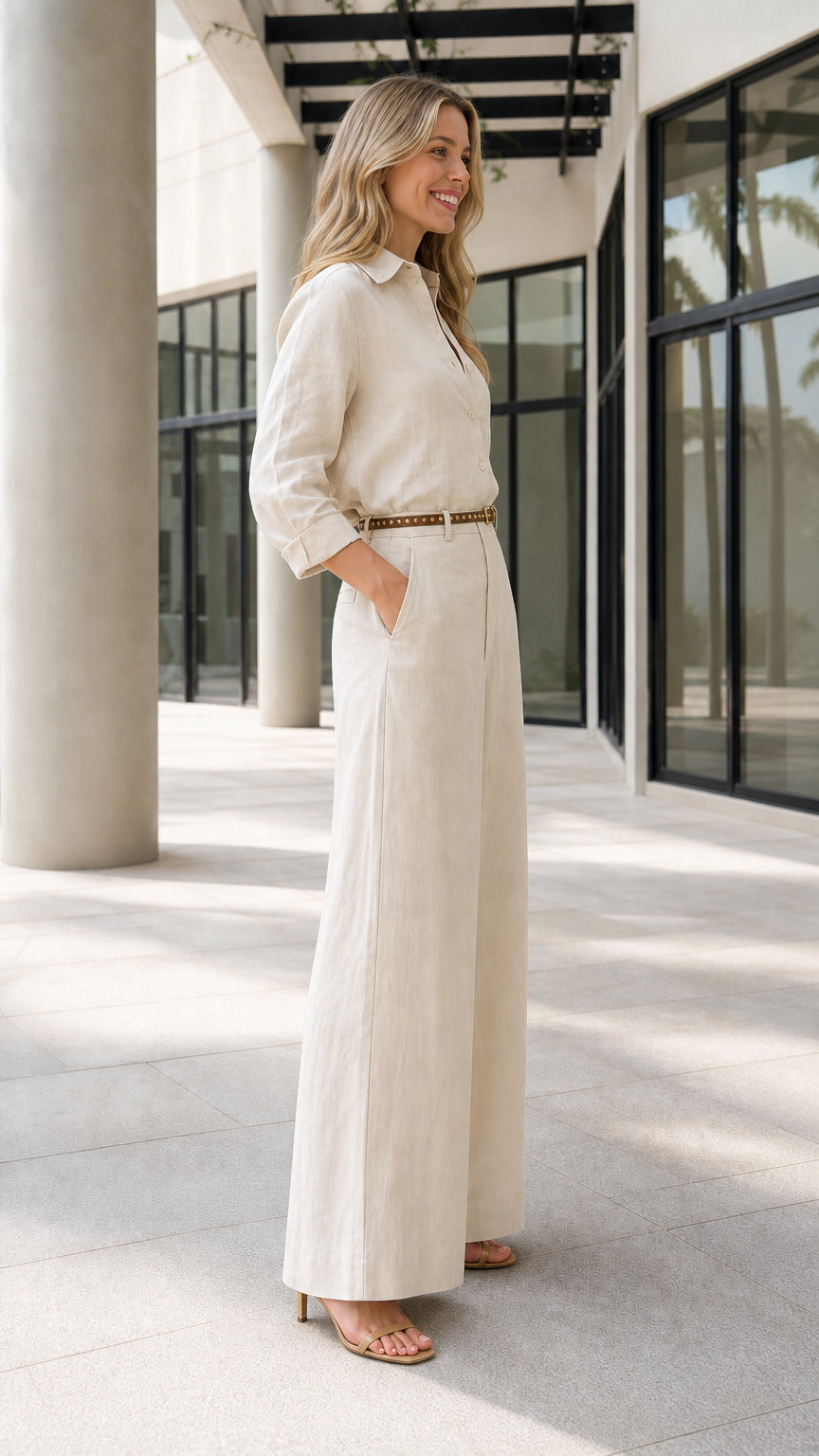 Side profile view of beige jumpsuit with belt and pockets