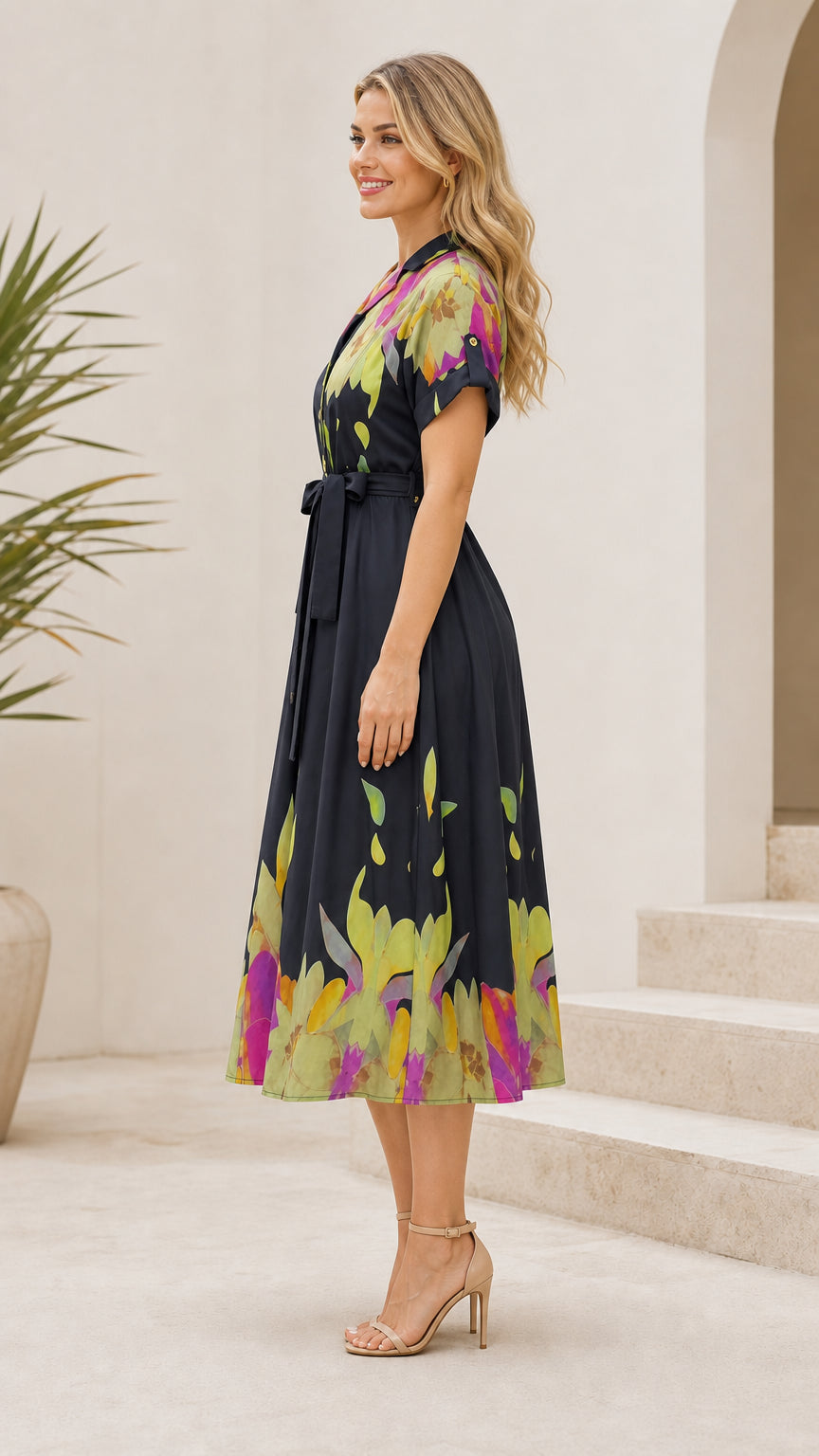 Side profile of woman wearing black floral button-front midi dress