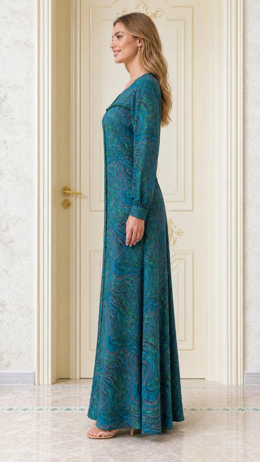 Side profile view of woman in Teal Blue modest flowing maxi dress