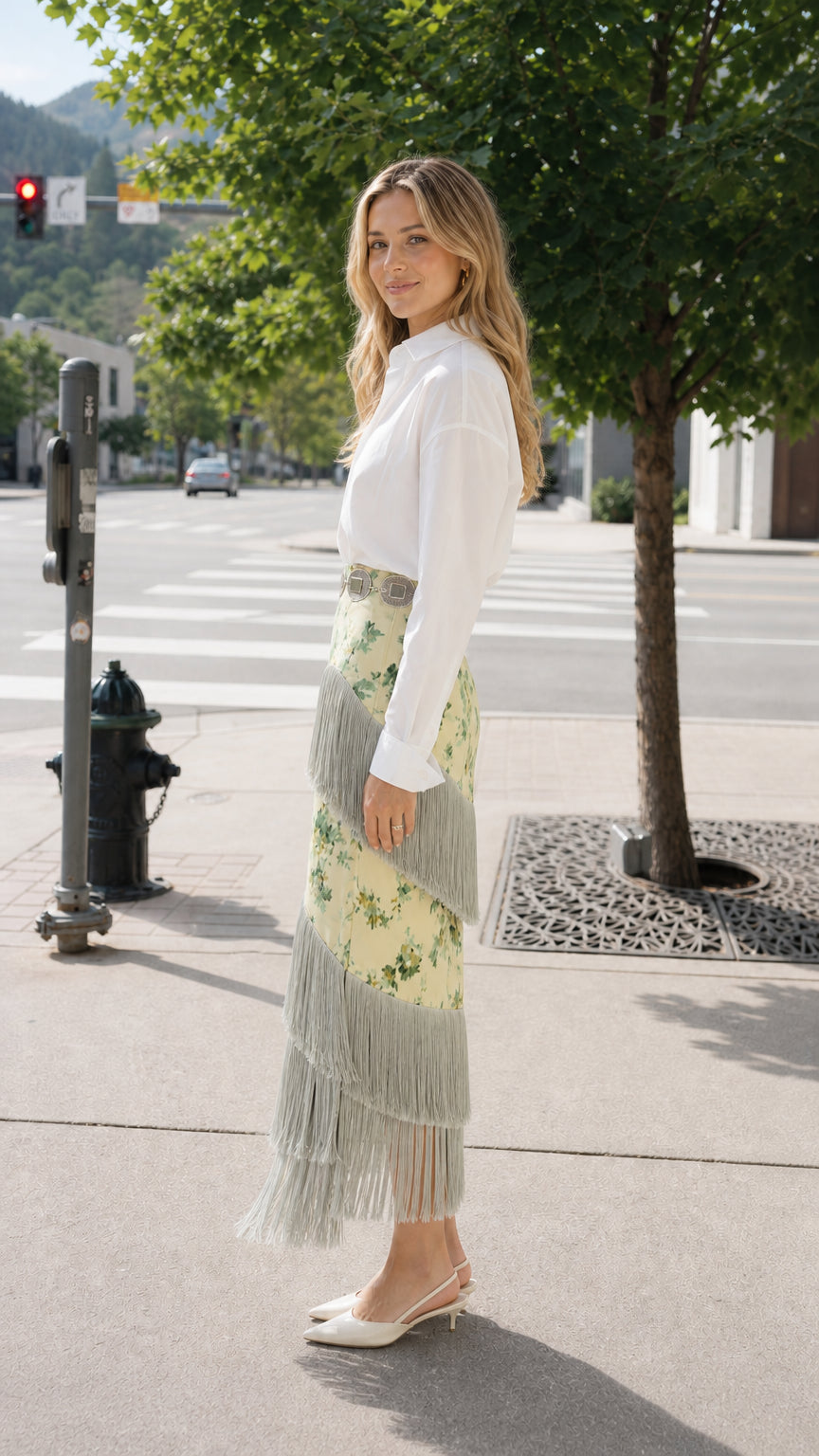 Side angle view of woman wearing pale yellow floral fringe midi skirt