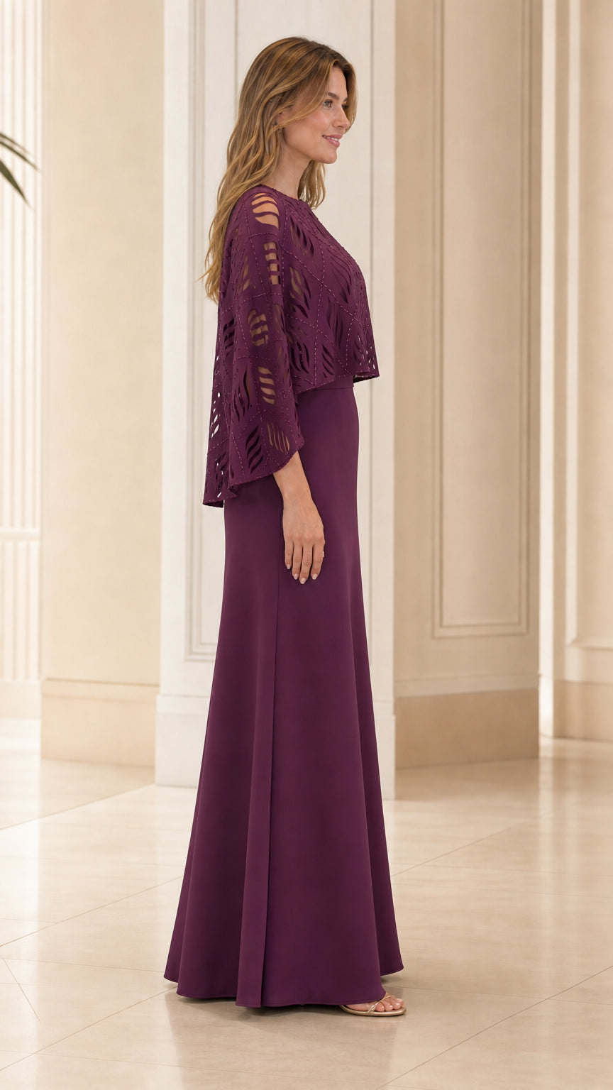 Side profile of the plum evening gown