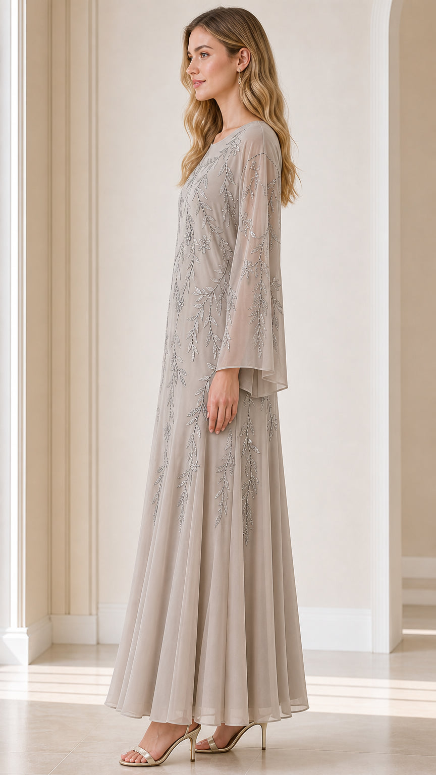 Side profile of model in taupe evening gown
