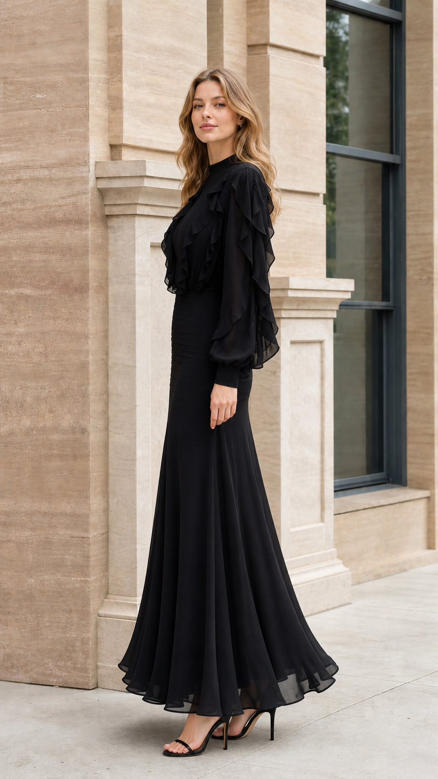 Side profile view of model in black evening gown