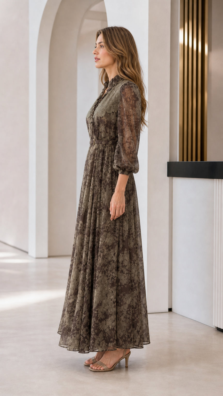 Side view of model in olive floral maxi dress