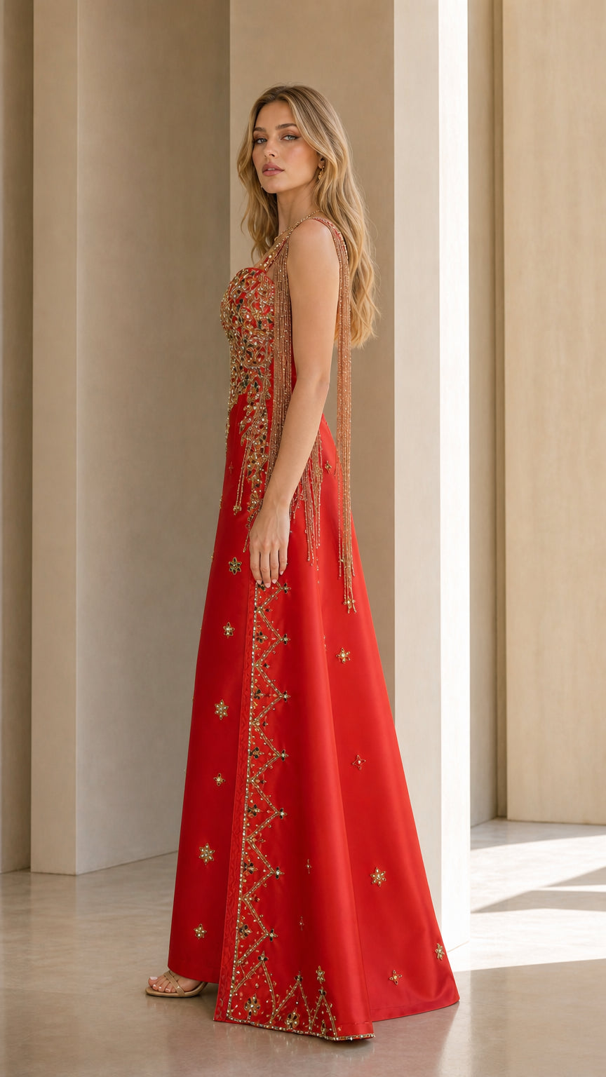 Red embellished evening gown side profile