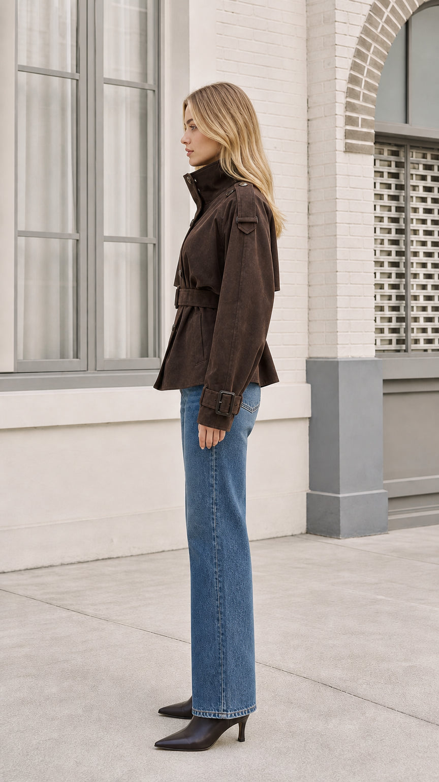 Side profile view of brown faux suede jacket
