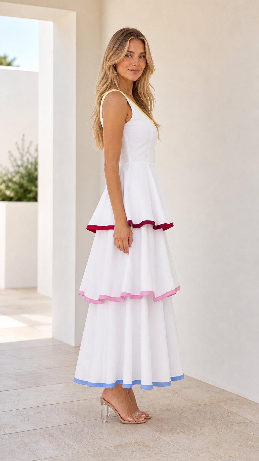 Side profile view of white tiered maxi dress