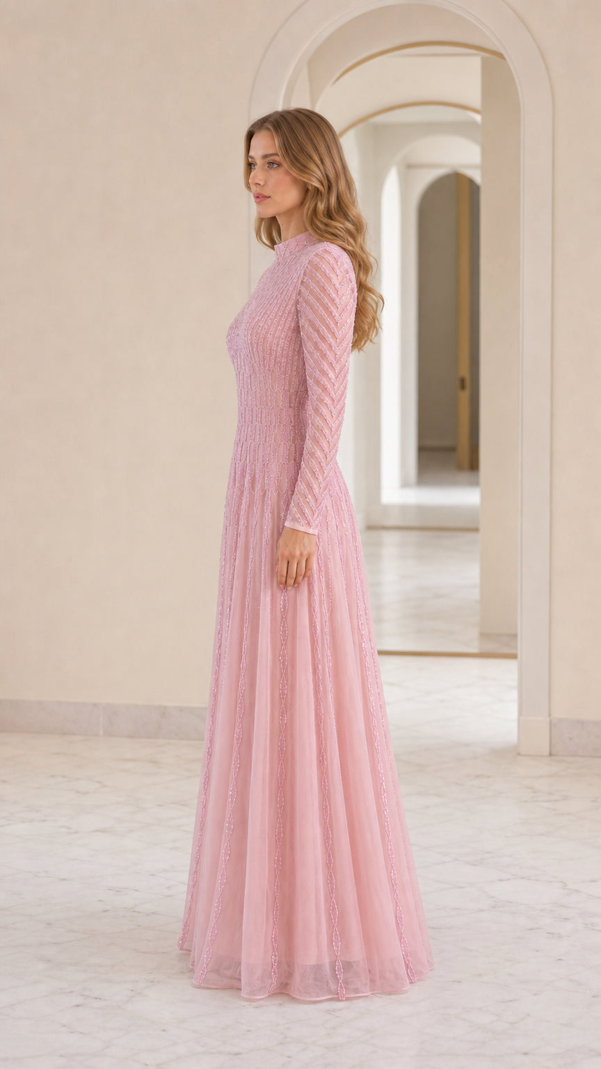 Side profile of model in pink sequin maxi dress