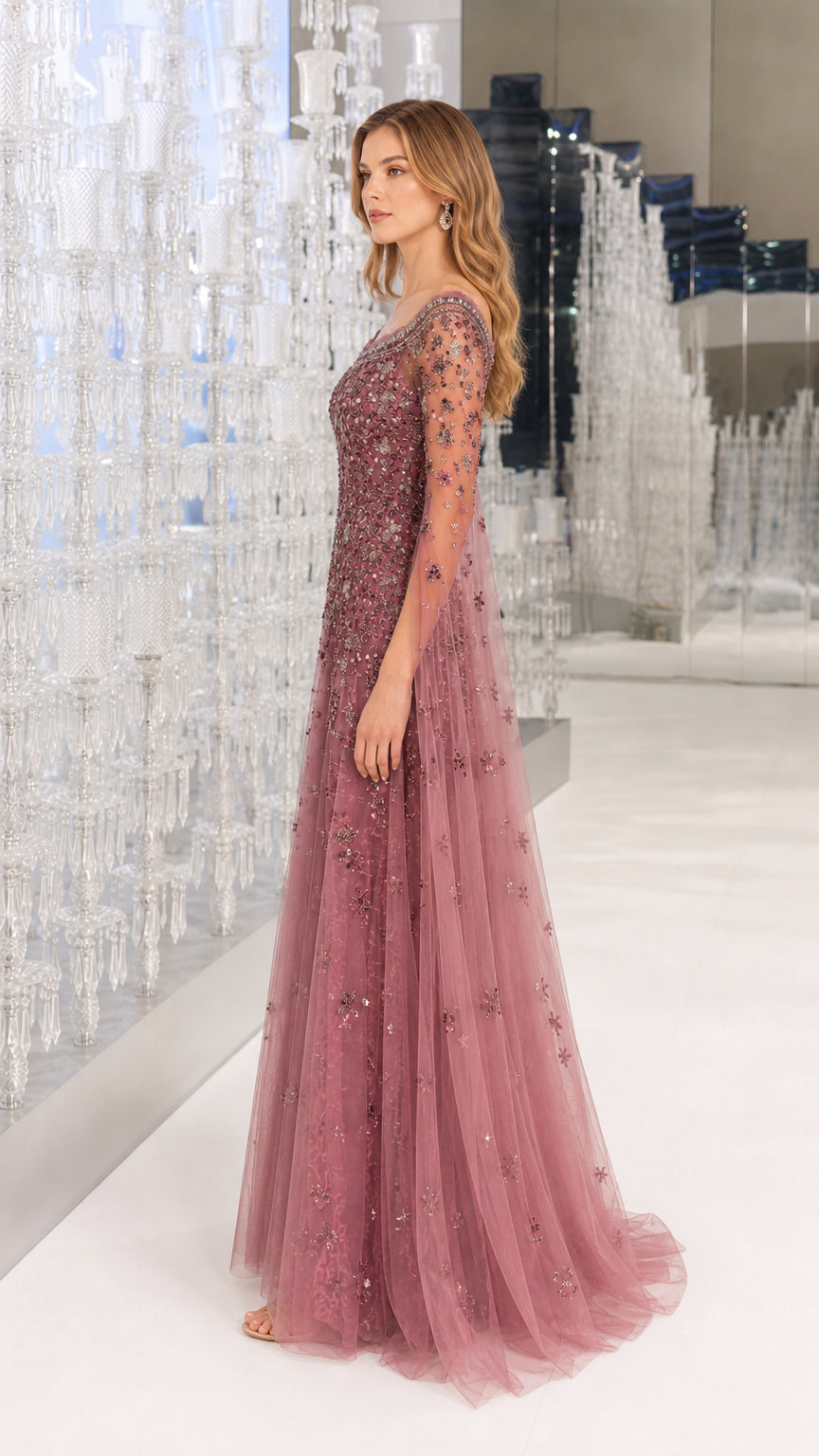 Side profile of Dusty Rose evening gown showing silhouette