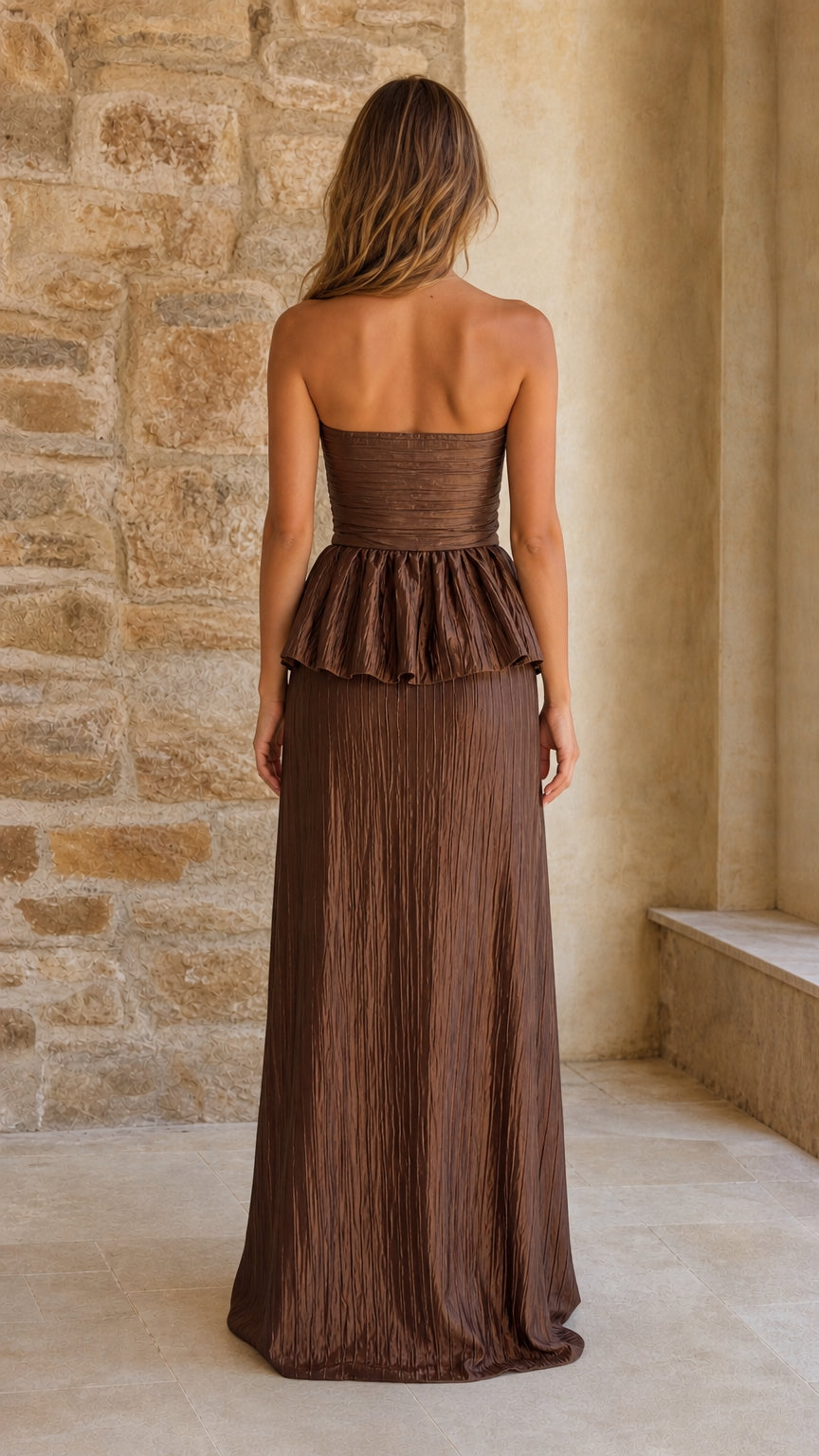 Back view of brown strapless pleated maxi dress
