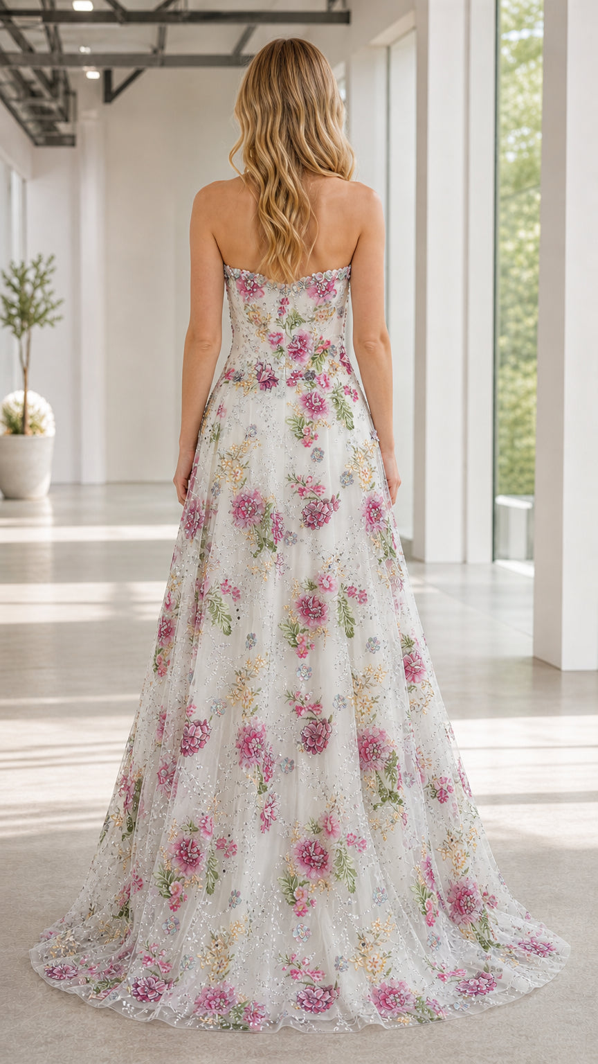 Back view of model in white floral embroidered sweetheart evening dress