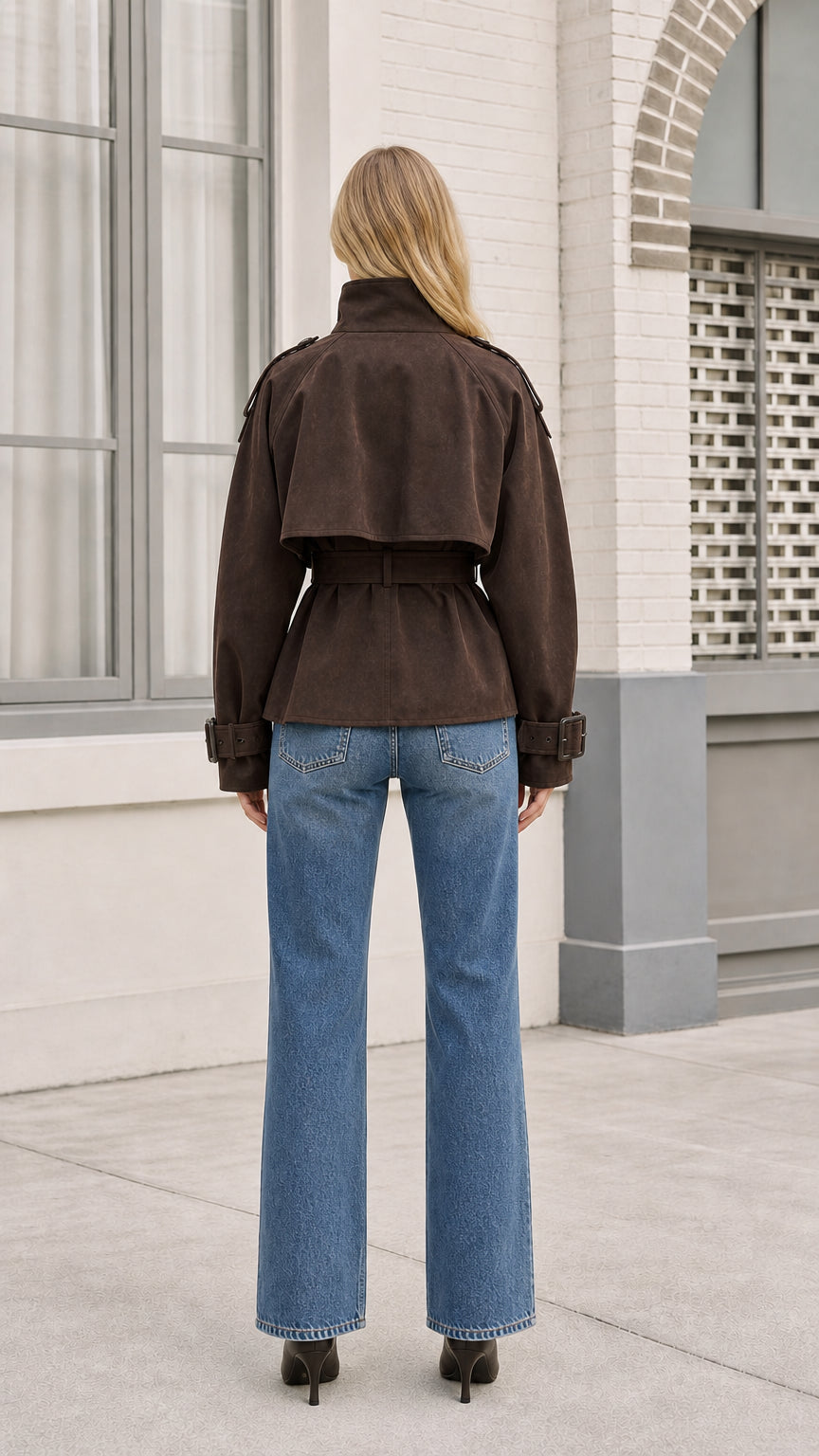 Back view of brown faux suede jacket