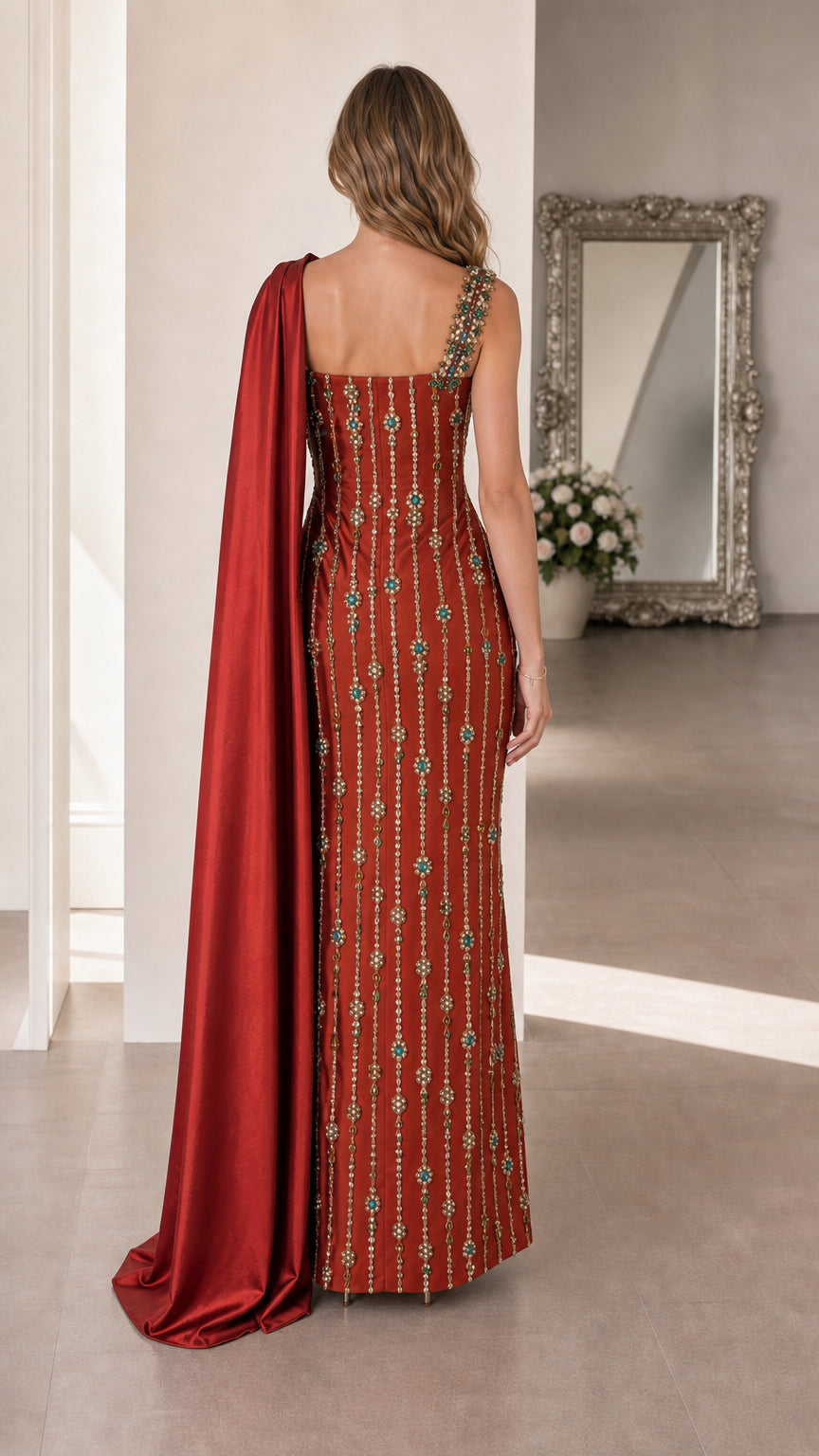 Back view showing dramatic cape drape