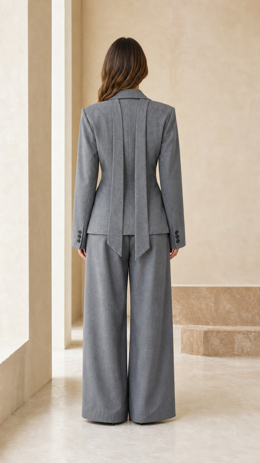 Back view of women in grey suit set showing strap details