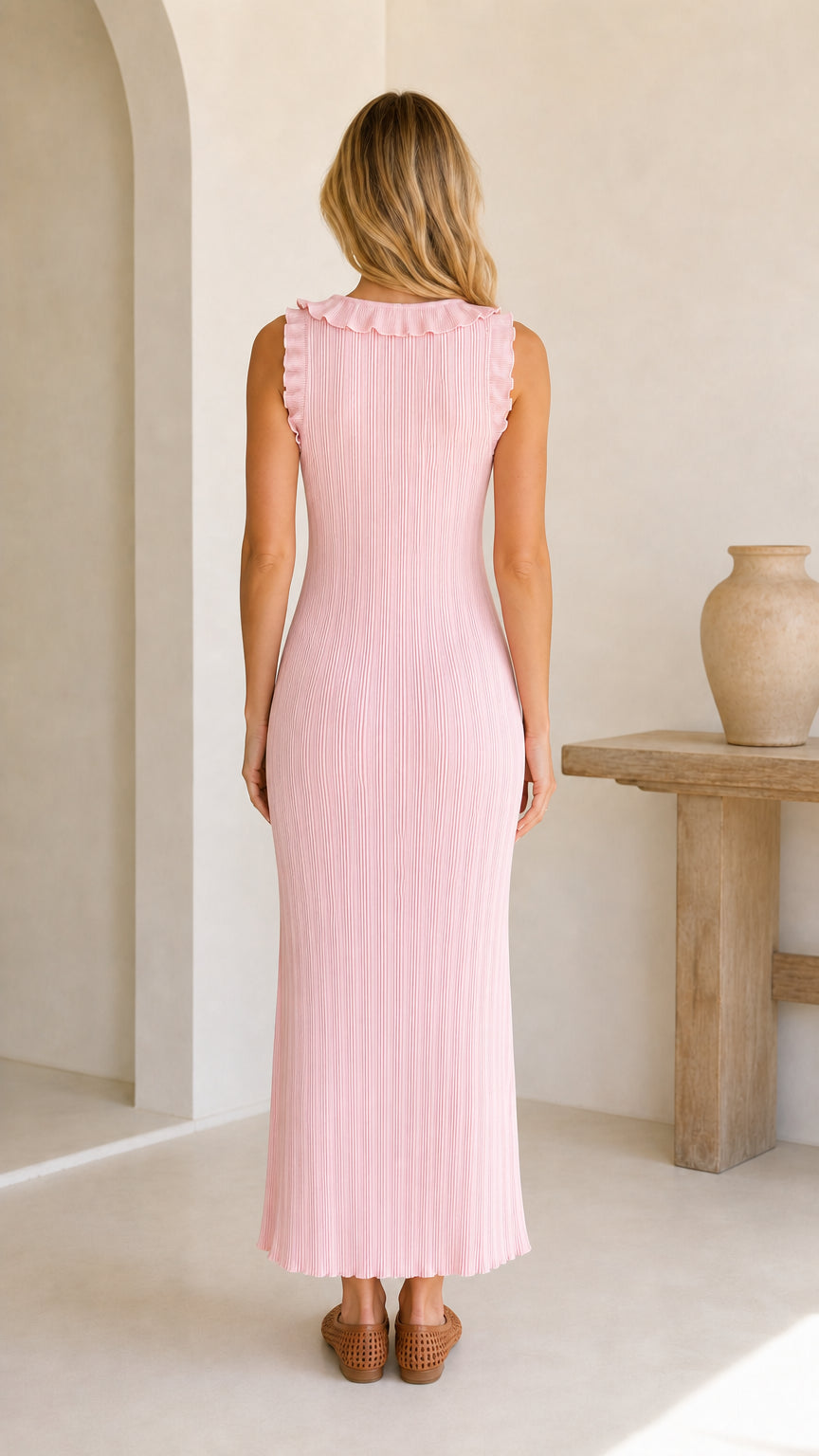 Back view of pink sleeveless maxi dress