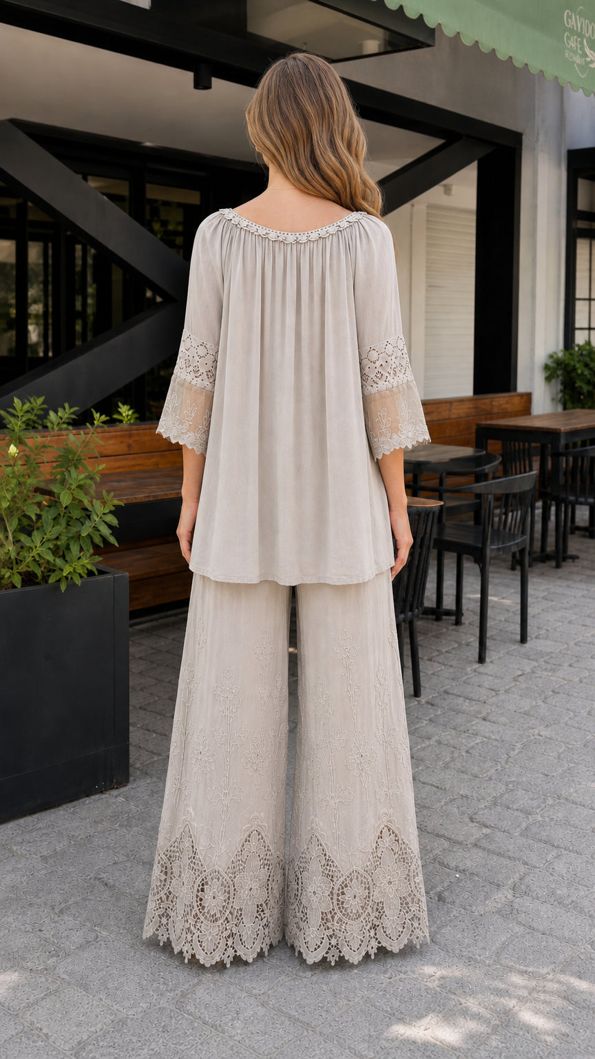 Back view of light grey matching tunic and pants set