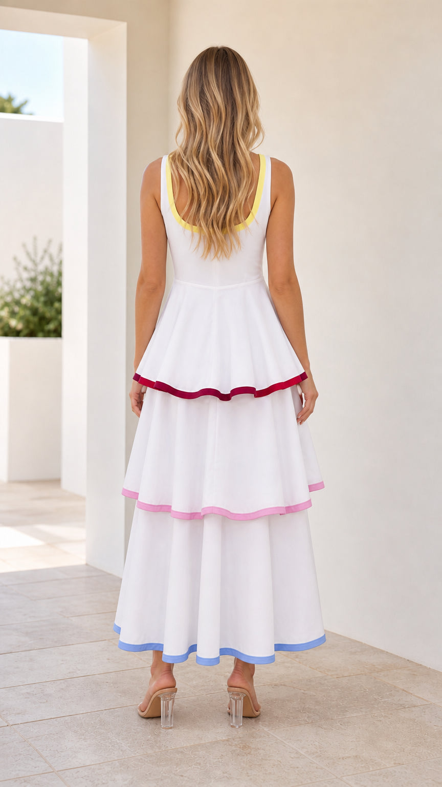 Back view of white tiered maxi dress