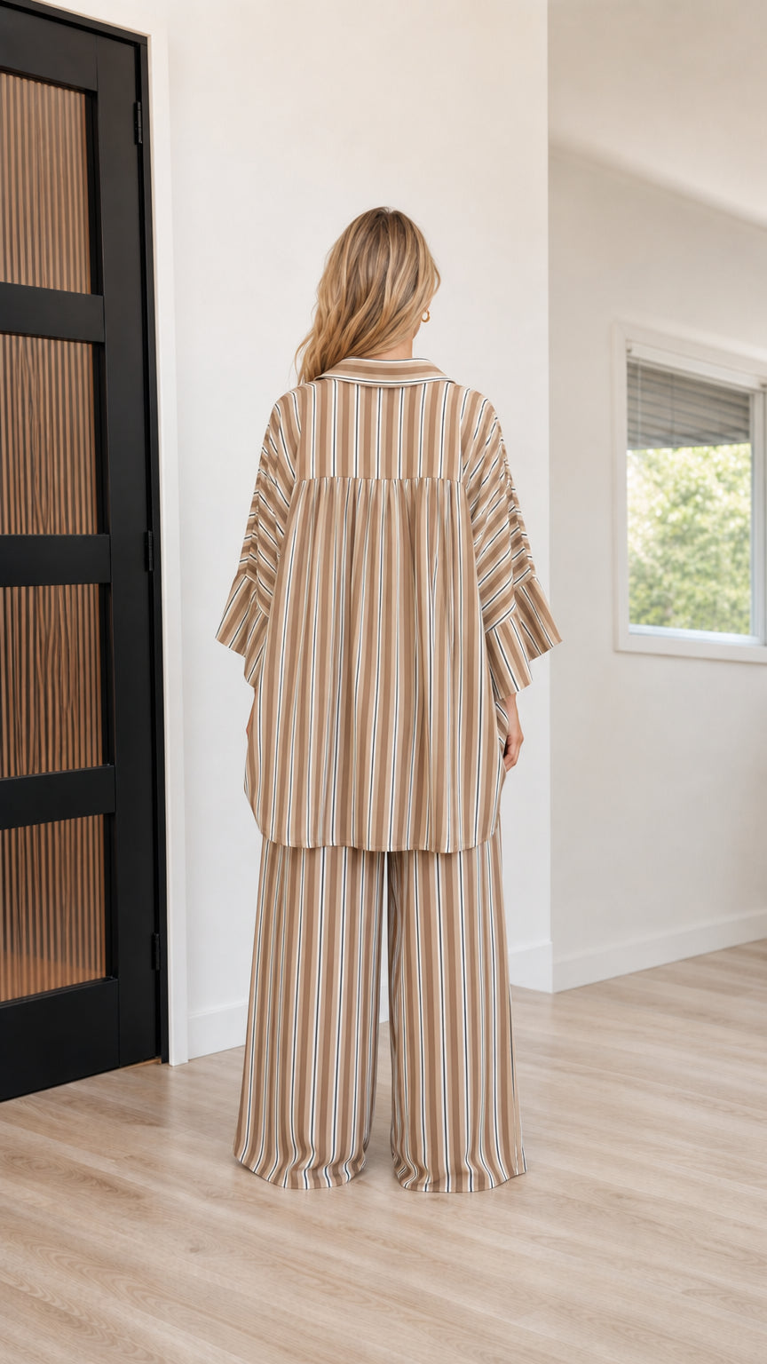 Back view of camel striped matching set