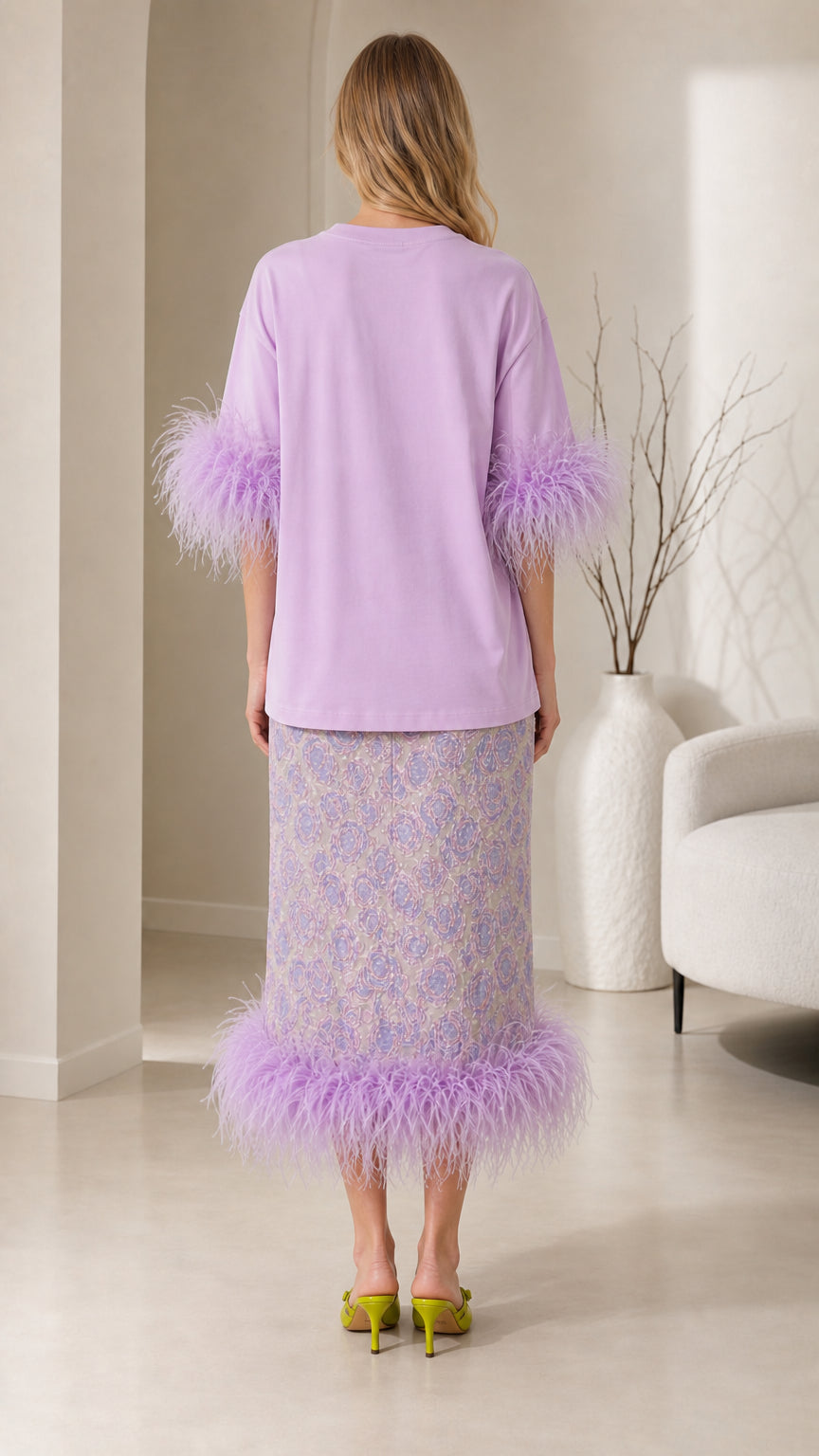 Back view of lavender feather trim co-ord set