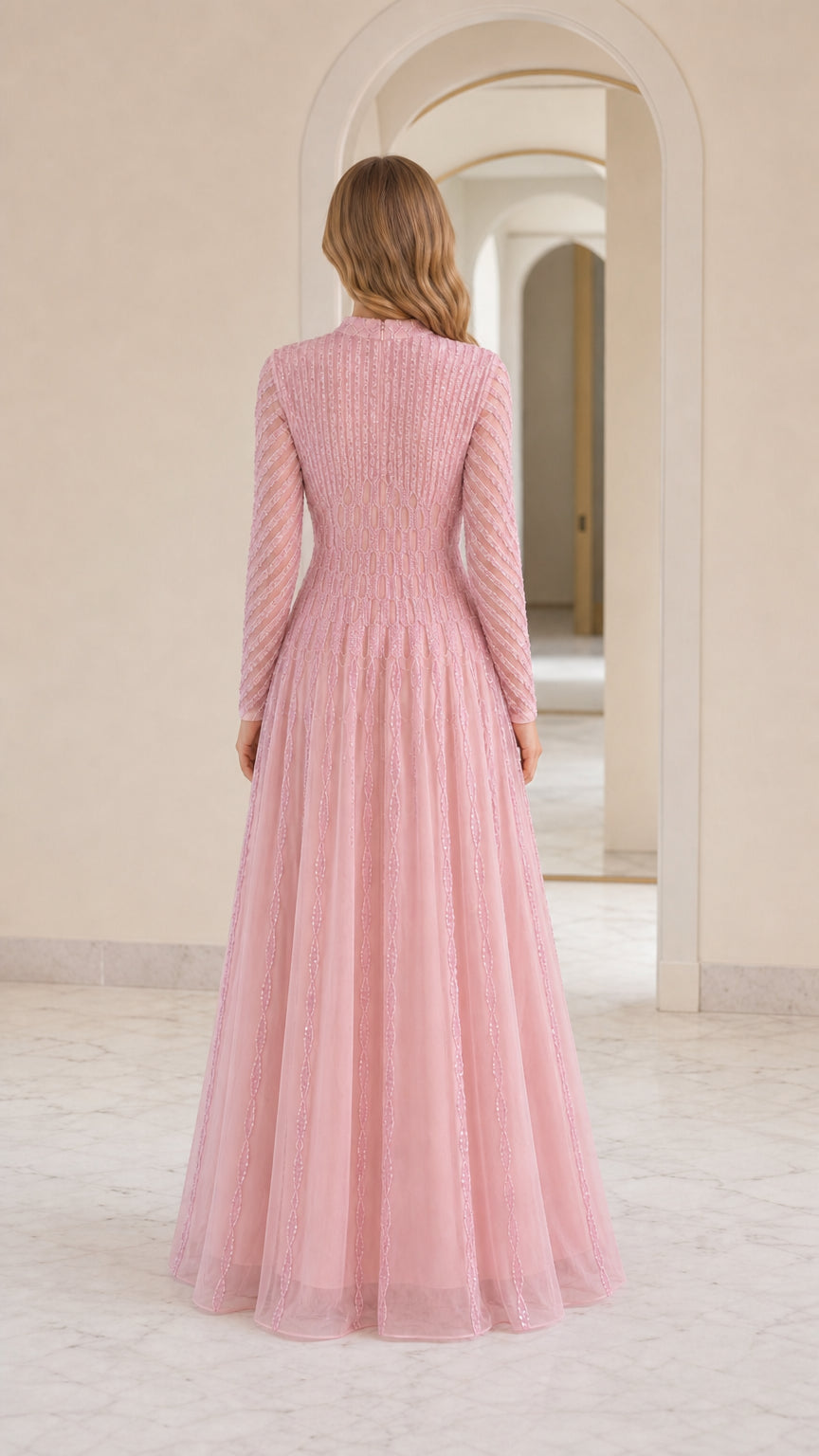 Back view of model in pink sequin evening gown