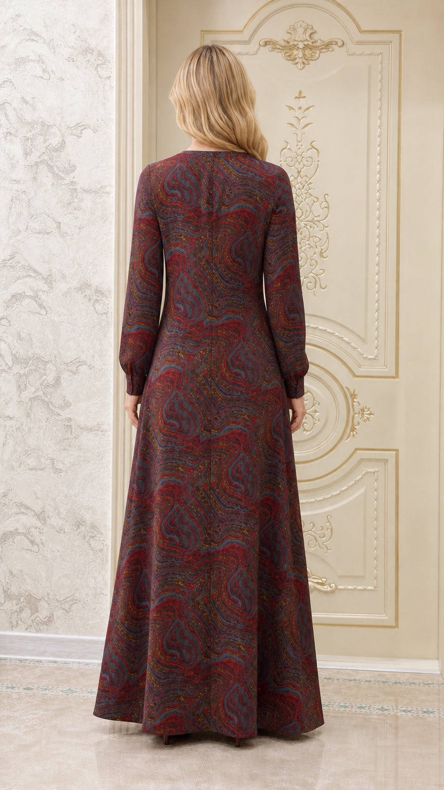 Back view of model wearing burgundy multi full length long sleeve maxi dress
