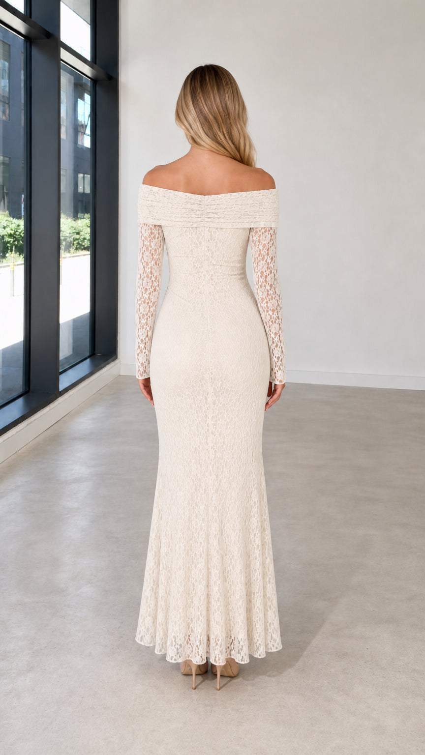Full back view of ivory lace formal gown