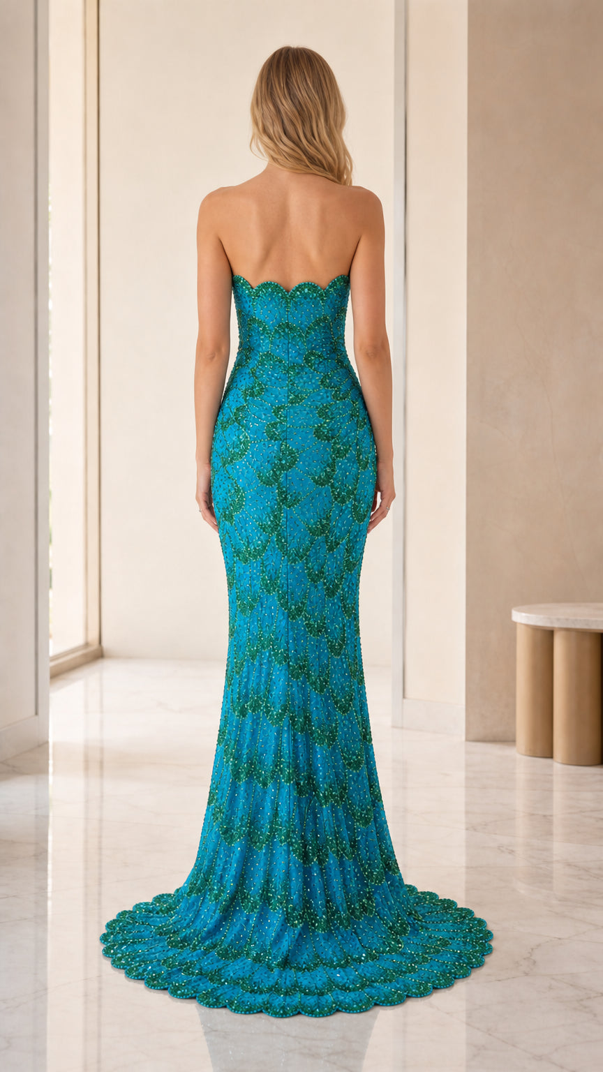 Back view of teal sequin mermaid evening gown