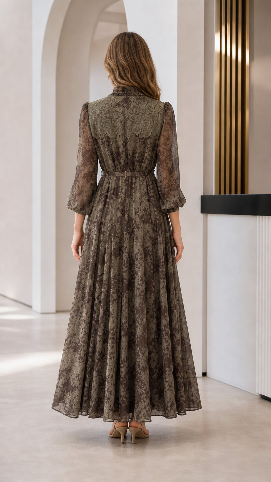 Back view of model in olive floral maxi dress