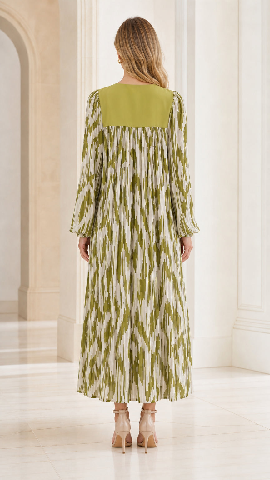 Back view of olive green embroidered pleated maxi dress