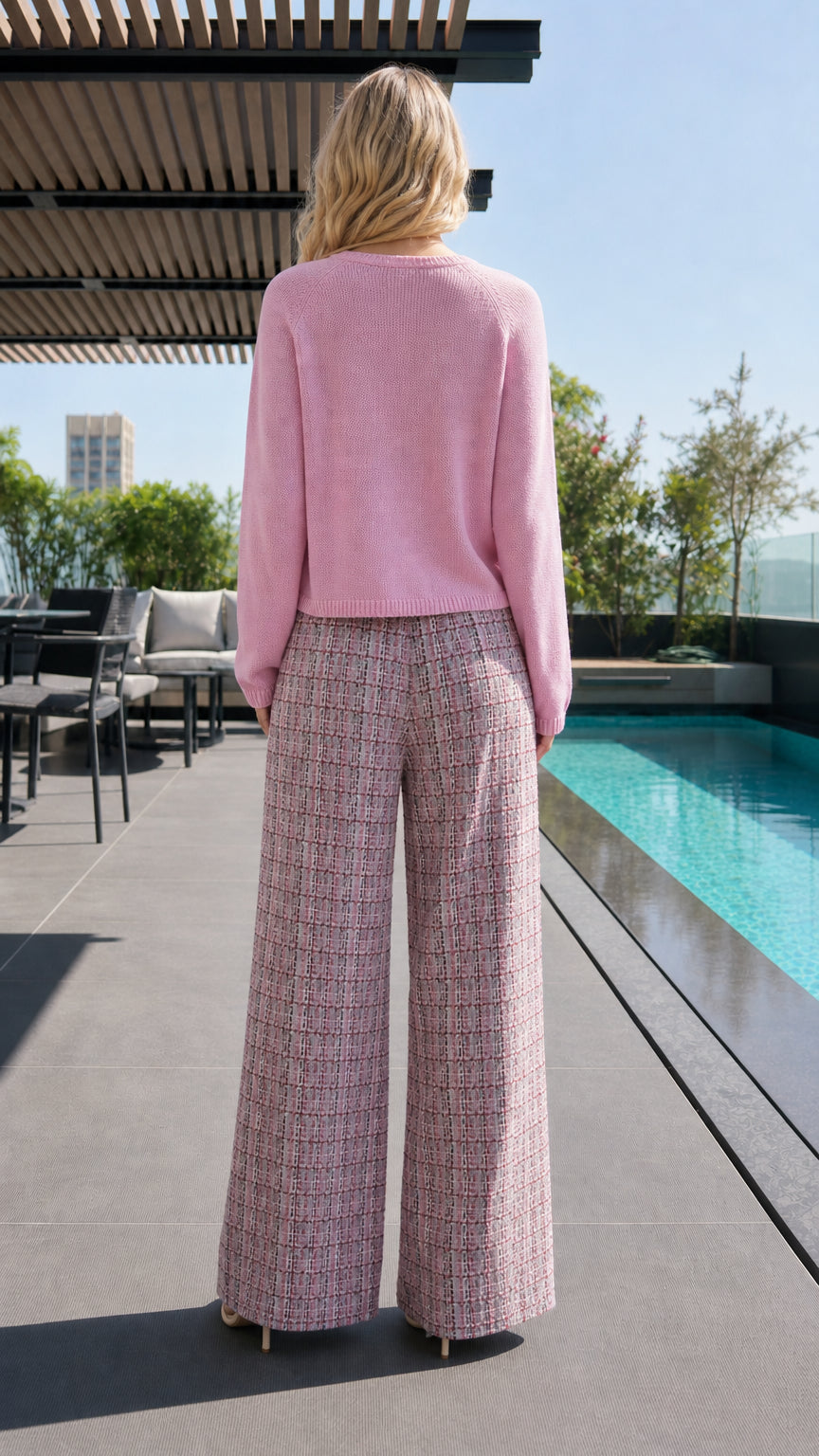 Back view of model in pink lounge set
