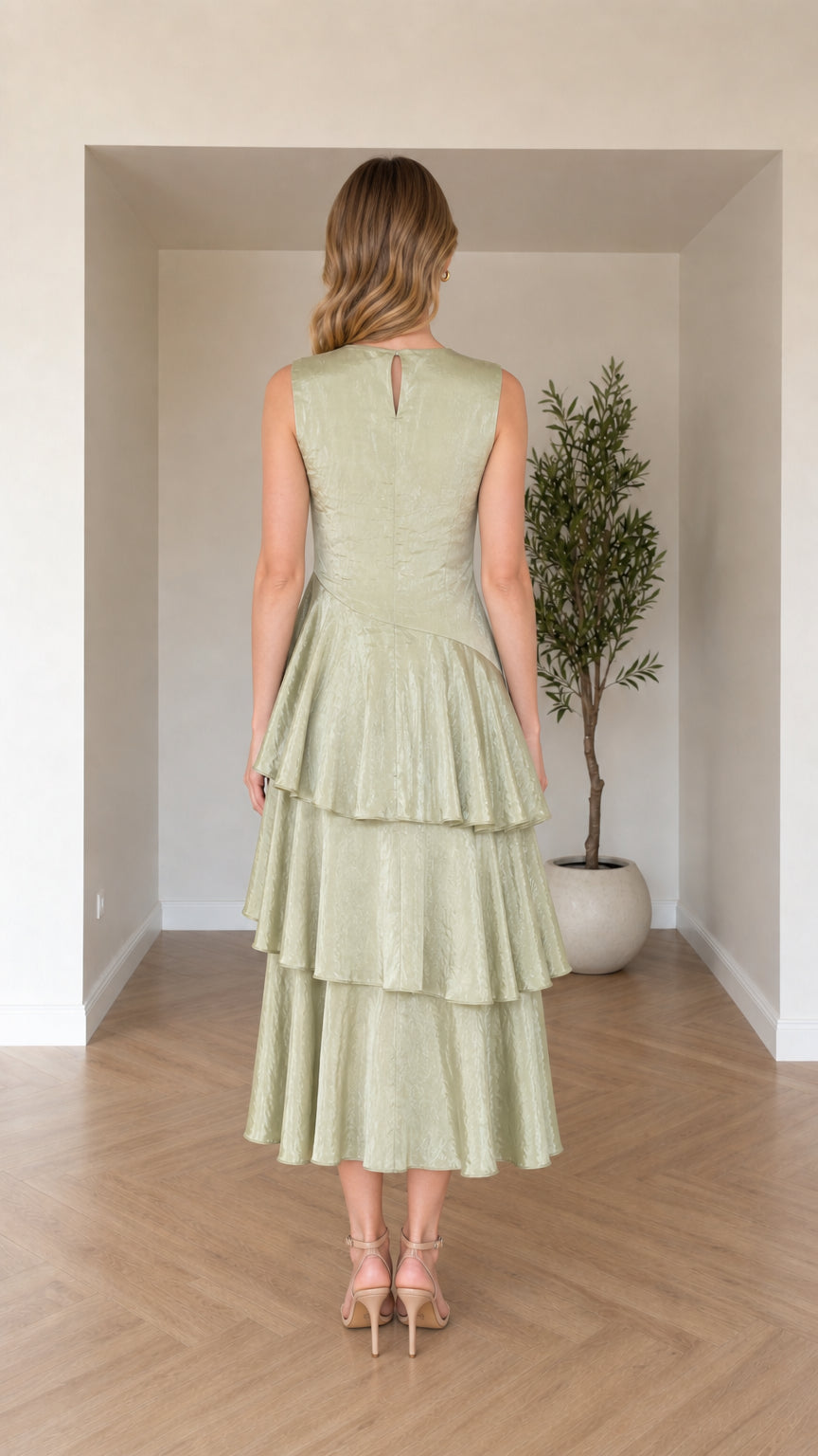 Back view of sage green tiered midi dress showing keyhole neck detail