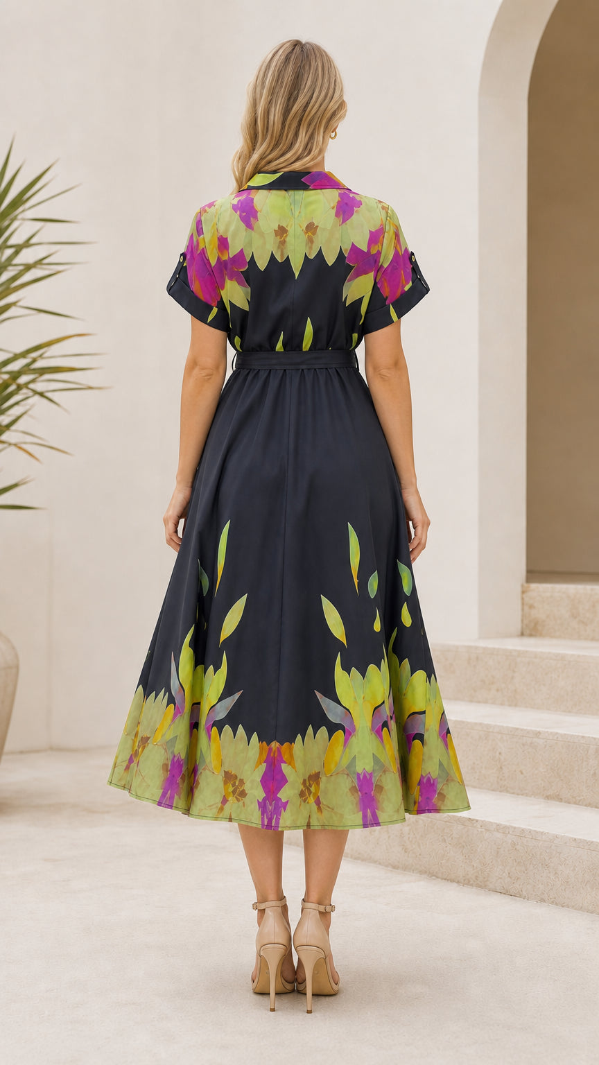 Back view of black floral print short-sleeve shirt dress