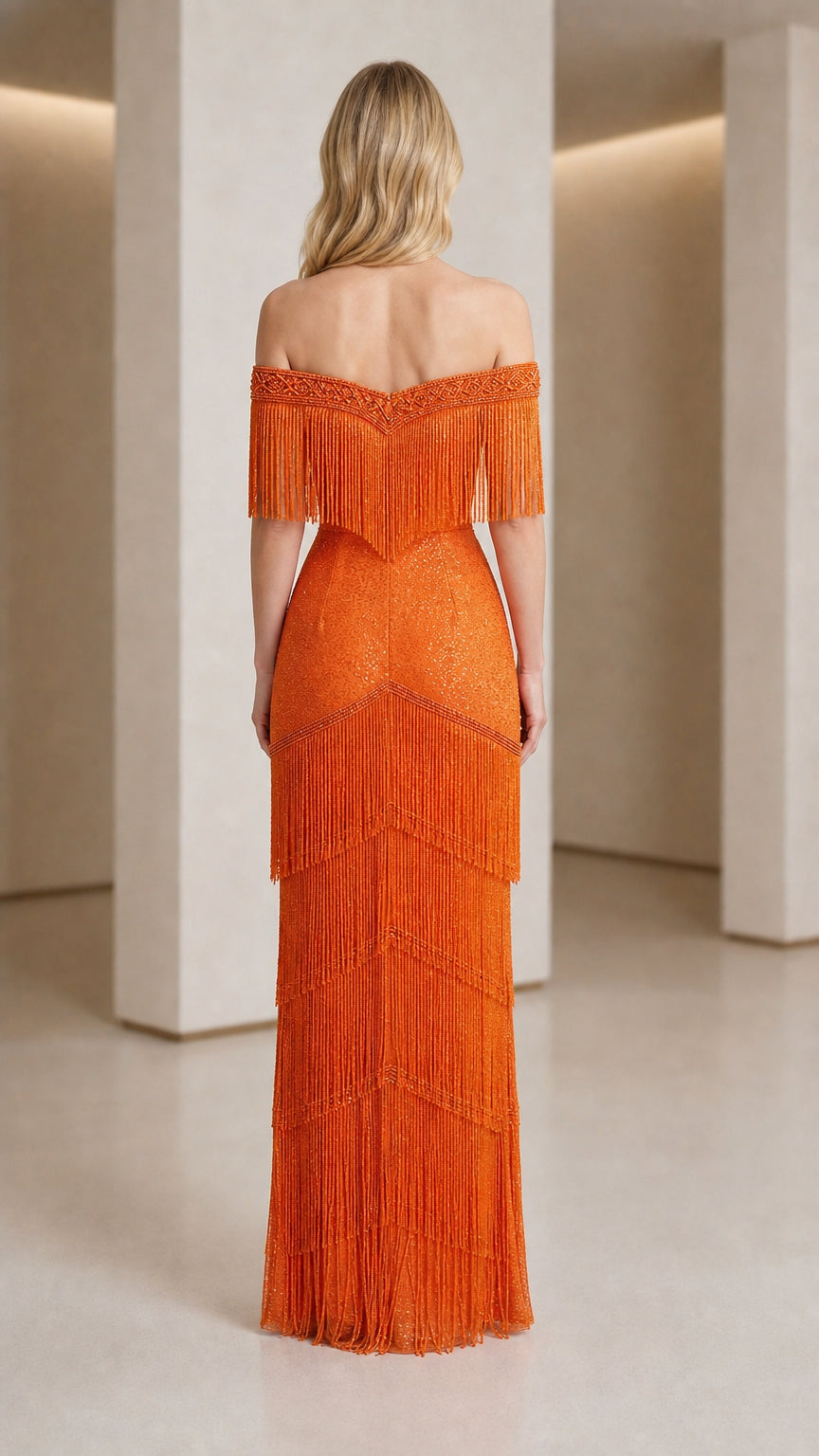 Back view of orange off-shoulder formal gown