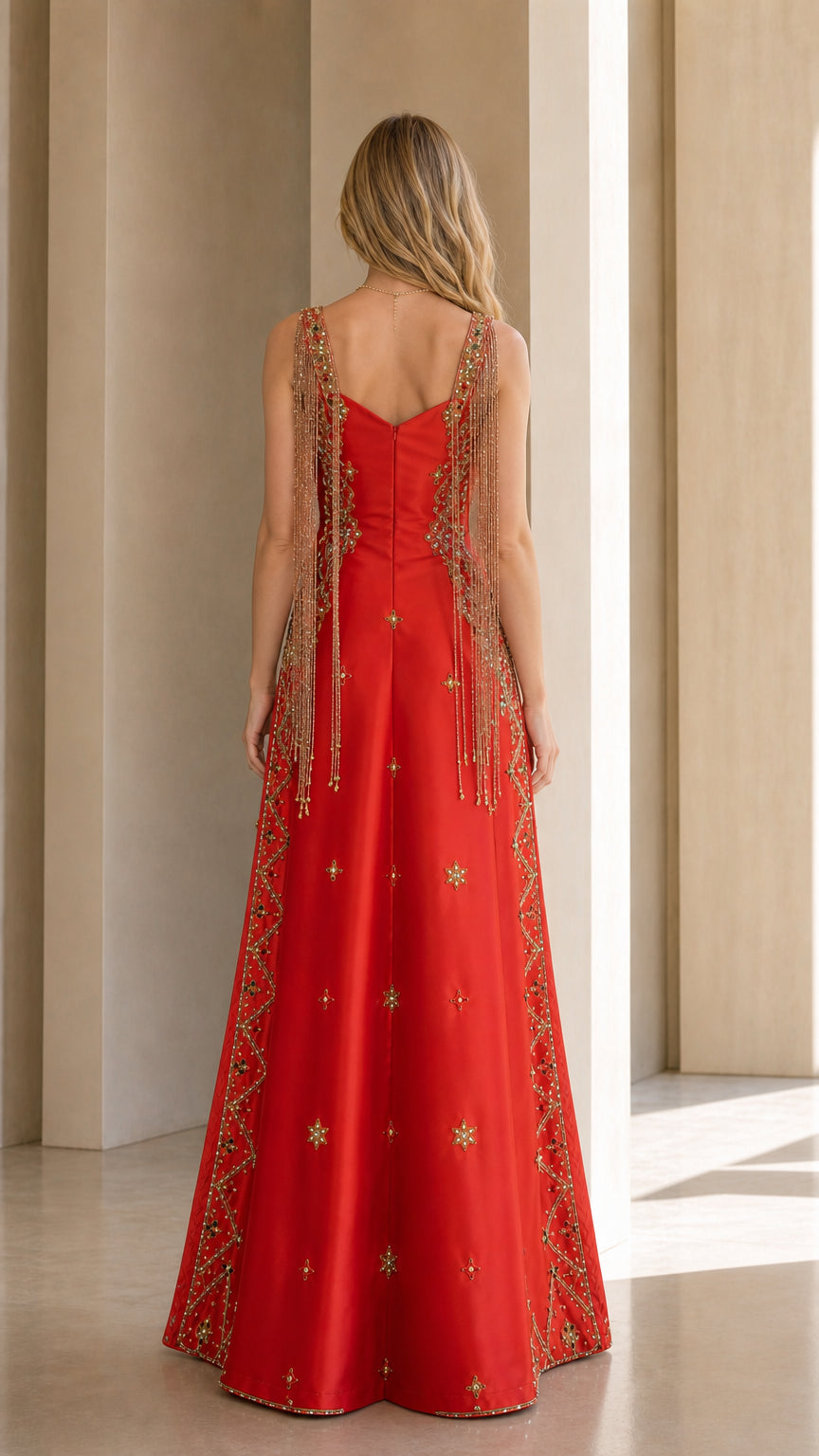 Red embellished evening gown back view with fringe