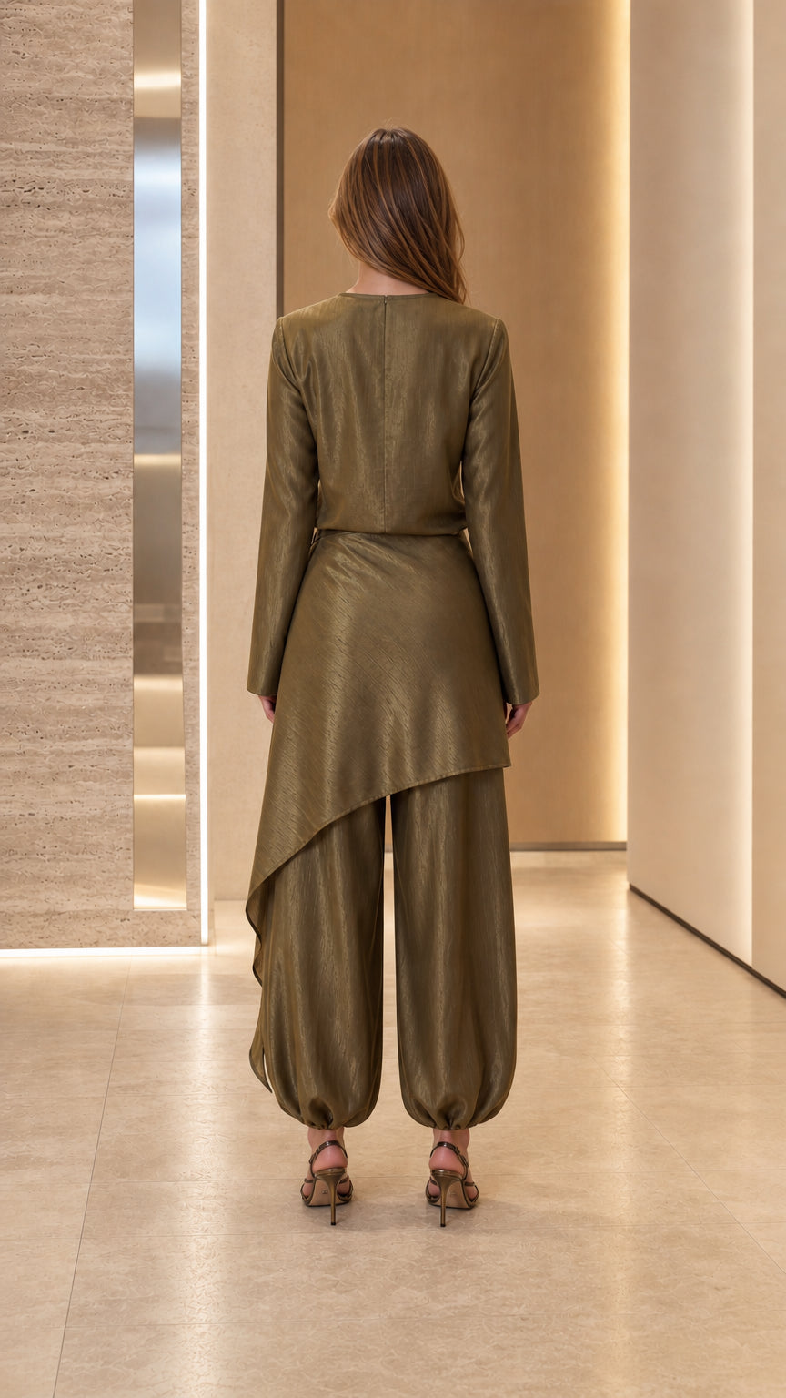Back view of olive satin outfit