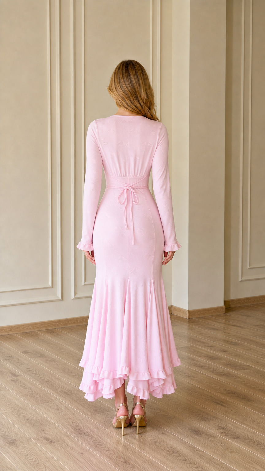 Blush pink maxi dress back view featuring waist tie detail