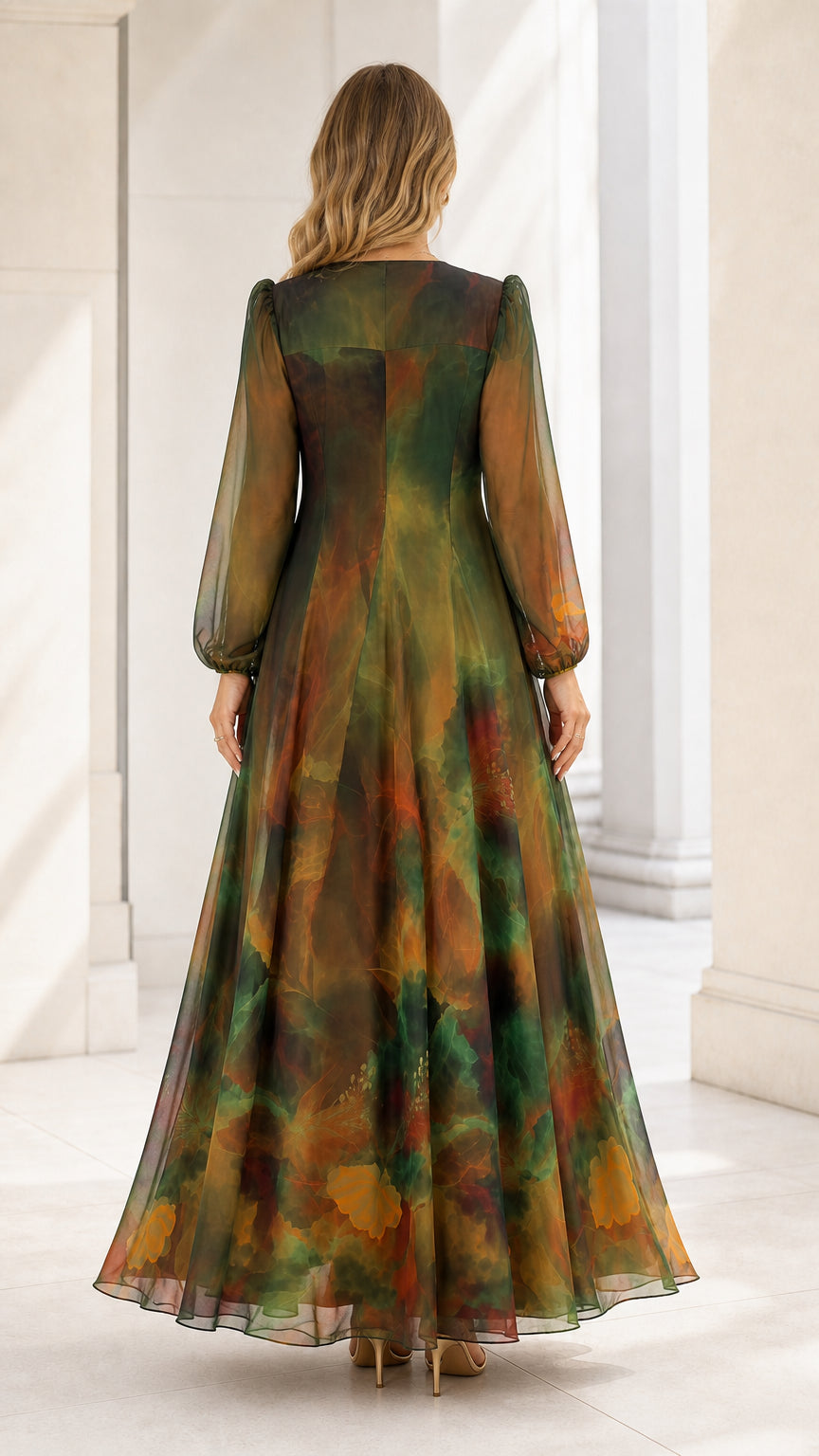 Back view of flowing Forest Green printed formal chiffon gown