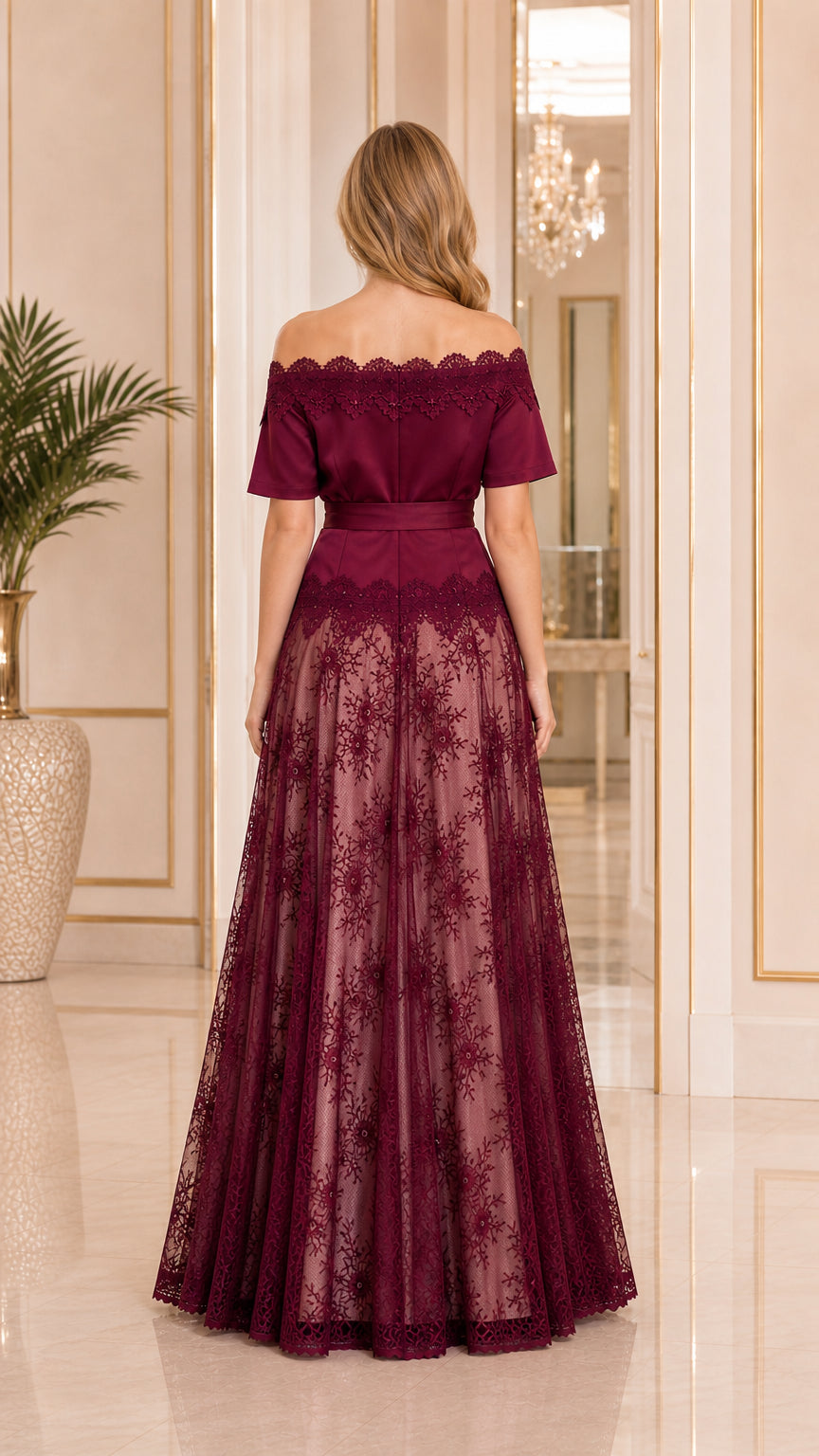 Back view of burgundy off the shoulder evening gown with lace overlay