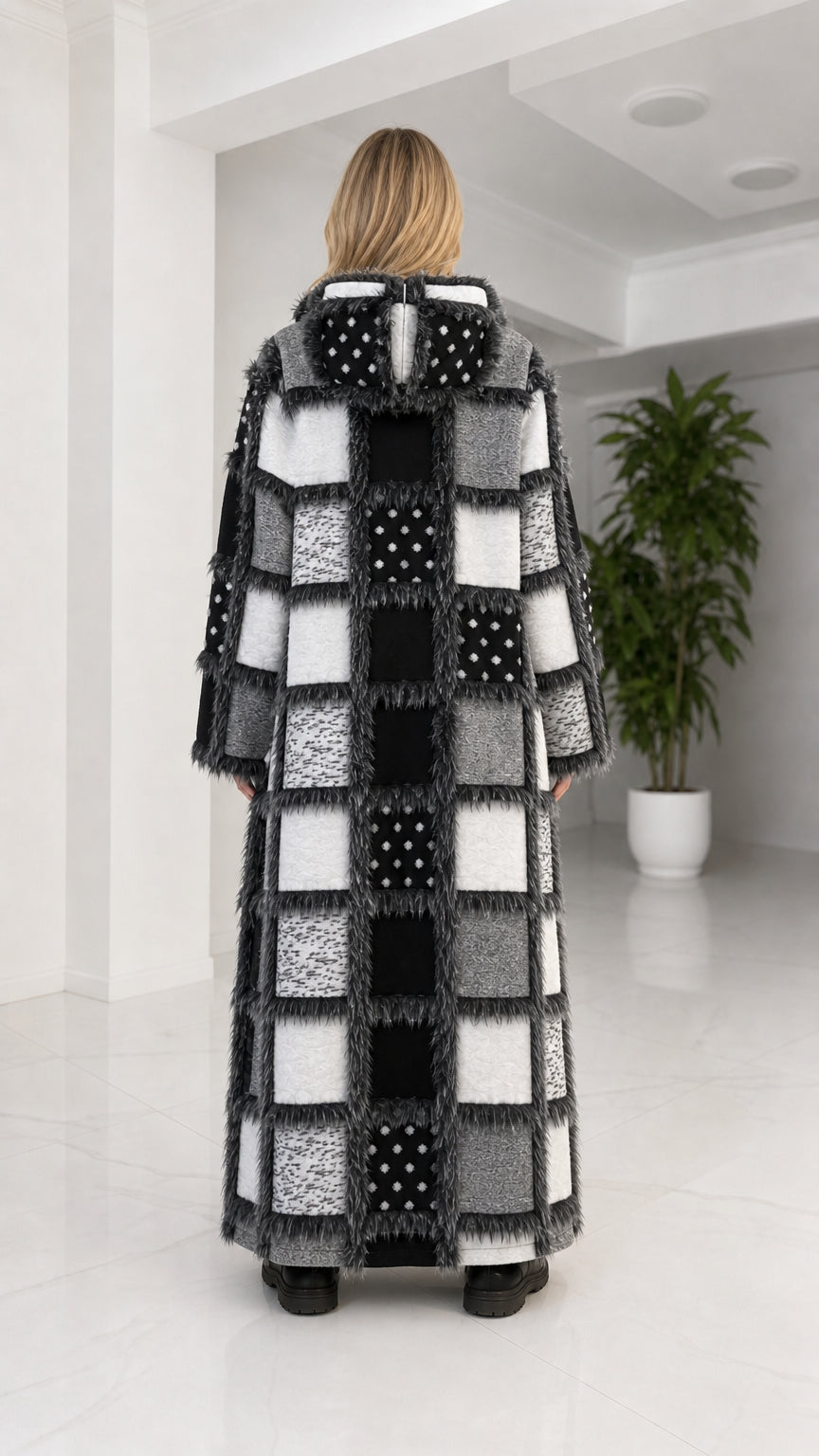 Back view of black long patchwork faux fur coat