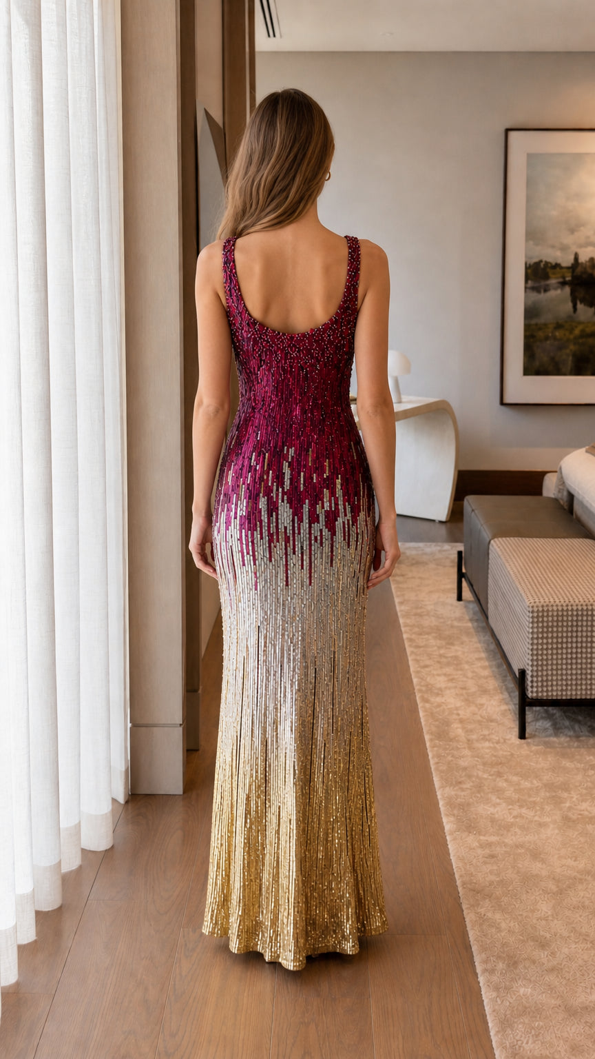 Back view of berry ombre sequin floor-length evening gown showing scoop back