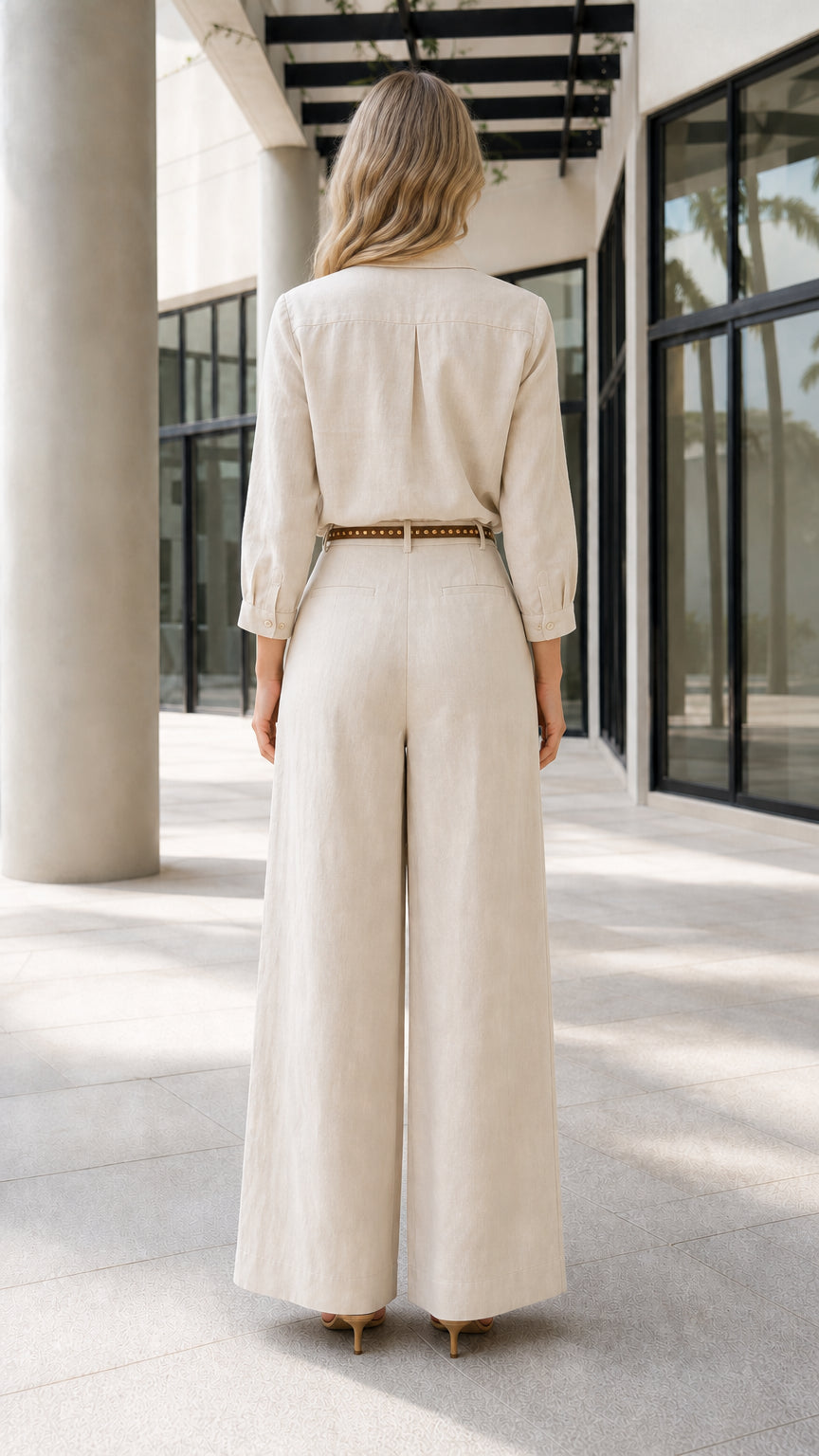 Back view of beige long-sleeve jumpsuit