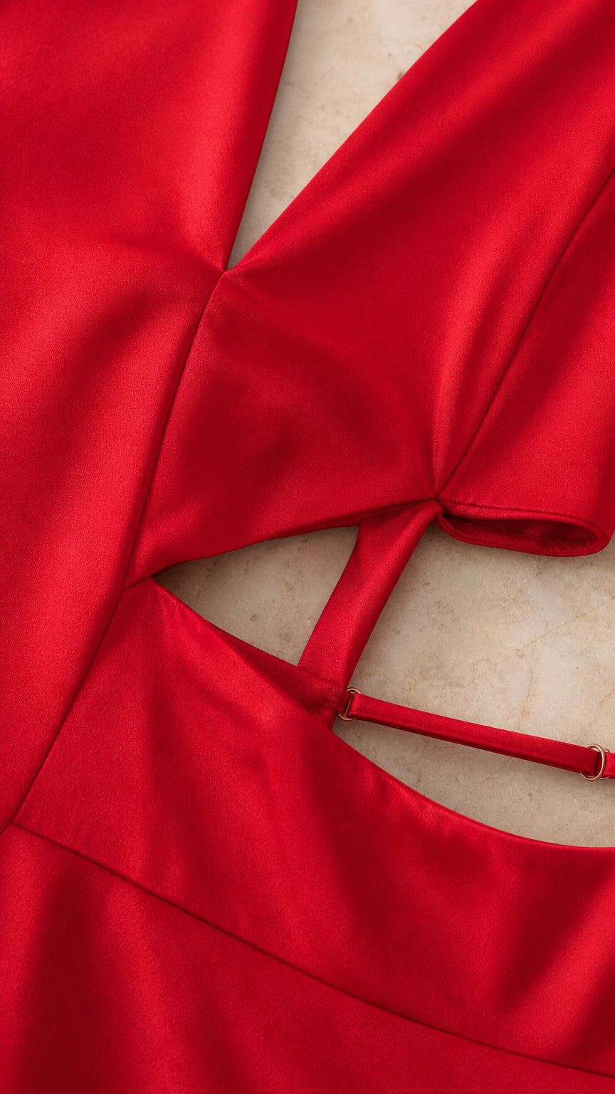 Close-up detail of side waist cutout and adjustable back strap on red satin gown