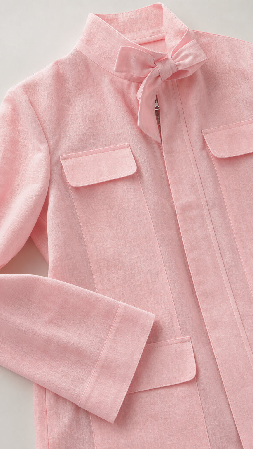 Close-up detail of Light Pink jacket showing neck bow tie and flap pocket tailoring
