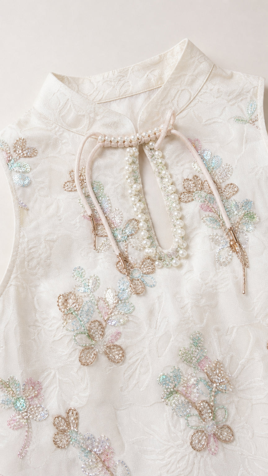 Close-up of mock neck with bead and embroidery details