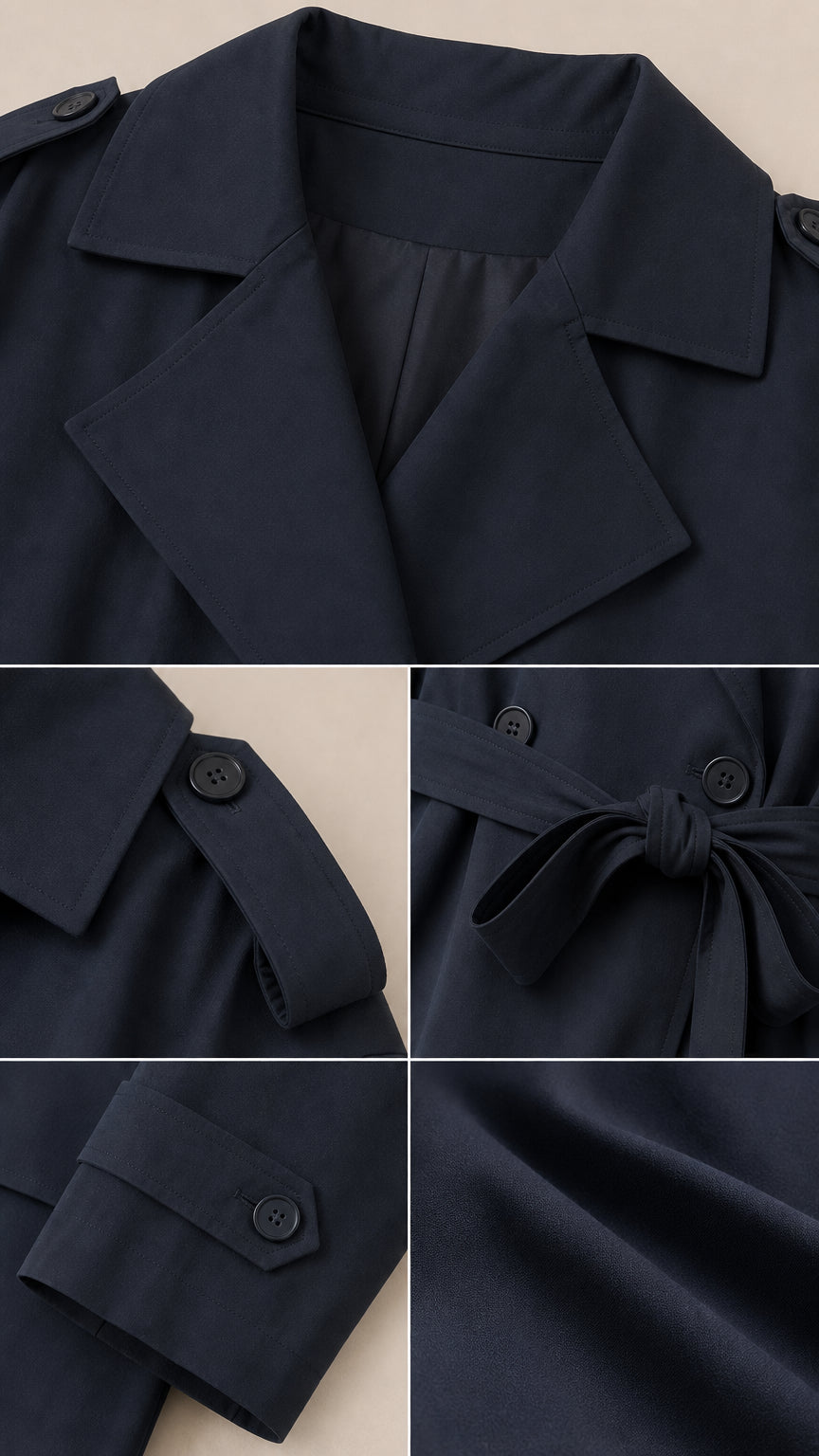 Close-up details of collar, buttons, belt, and fabric of the trench coat
